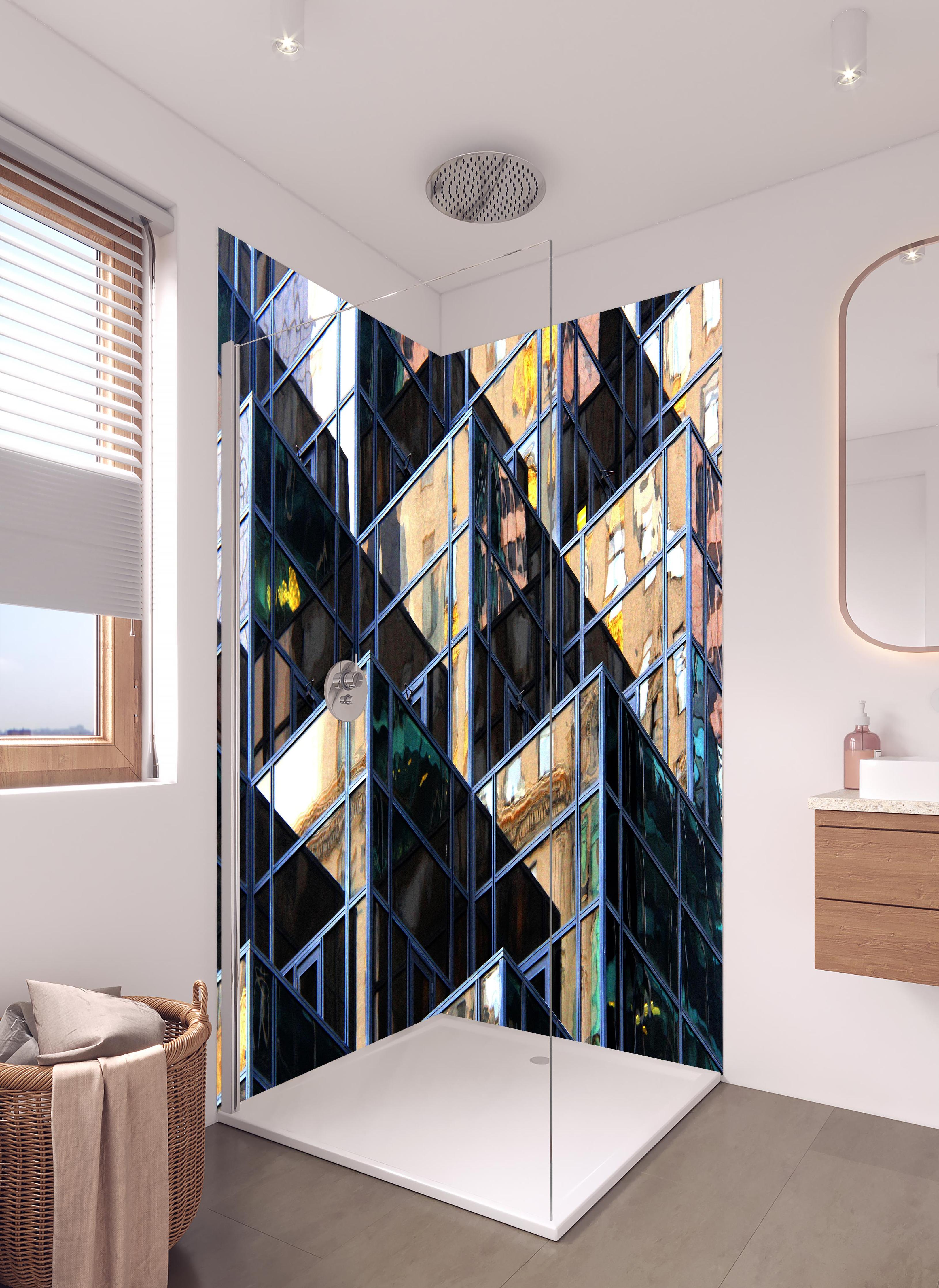 Duschrückwand - Abstrakte Würfel Darstellung in hellem Badezimmer mit Regenduschkopf - zweiteilige Eck-Duschrückwand