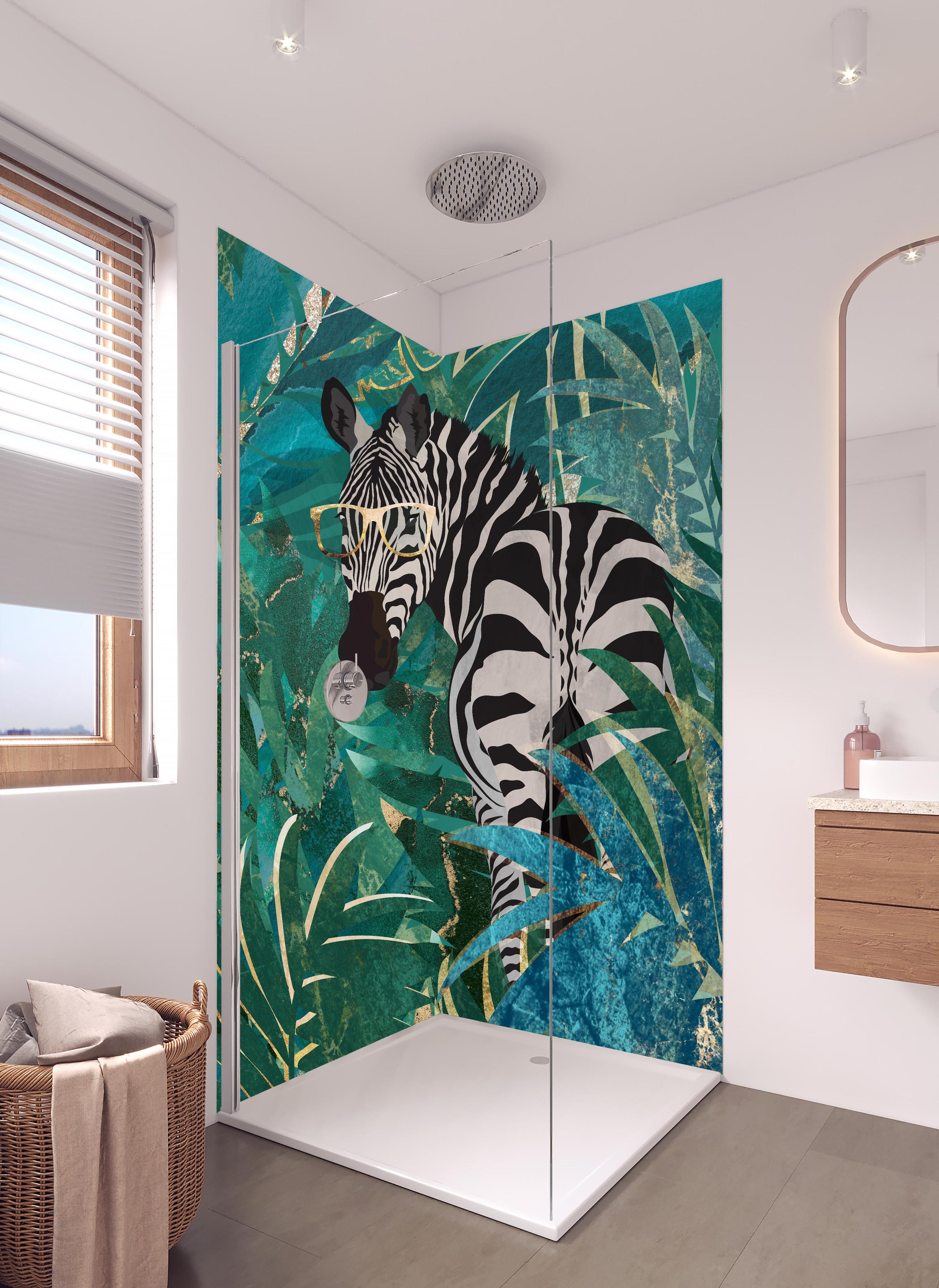 Duschrückwand - Abstrakte Zebra Malerei in hellem Badezimmer mit Regenduschkopf - zweiteilige Eck-Duschrückwand
