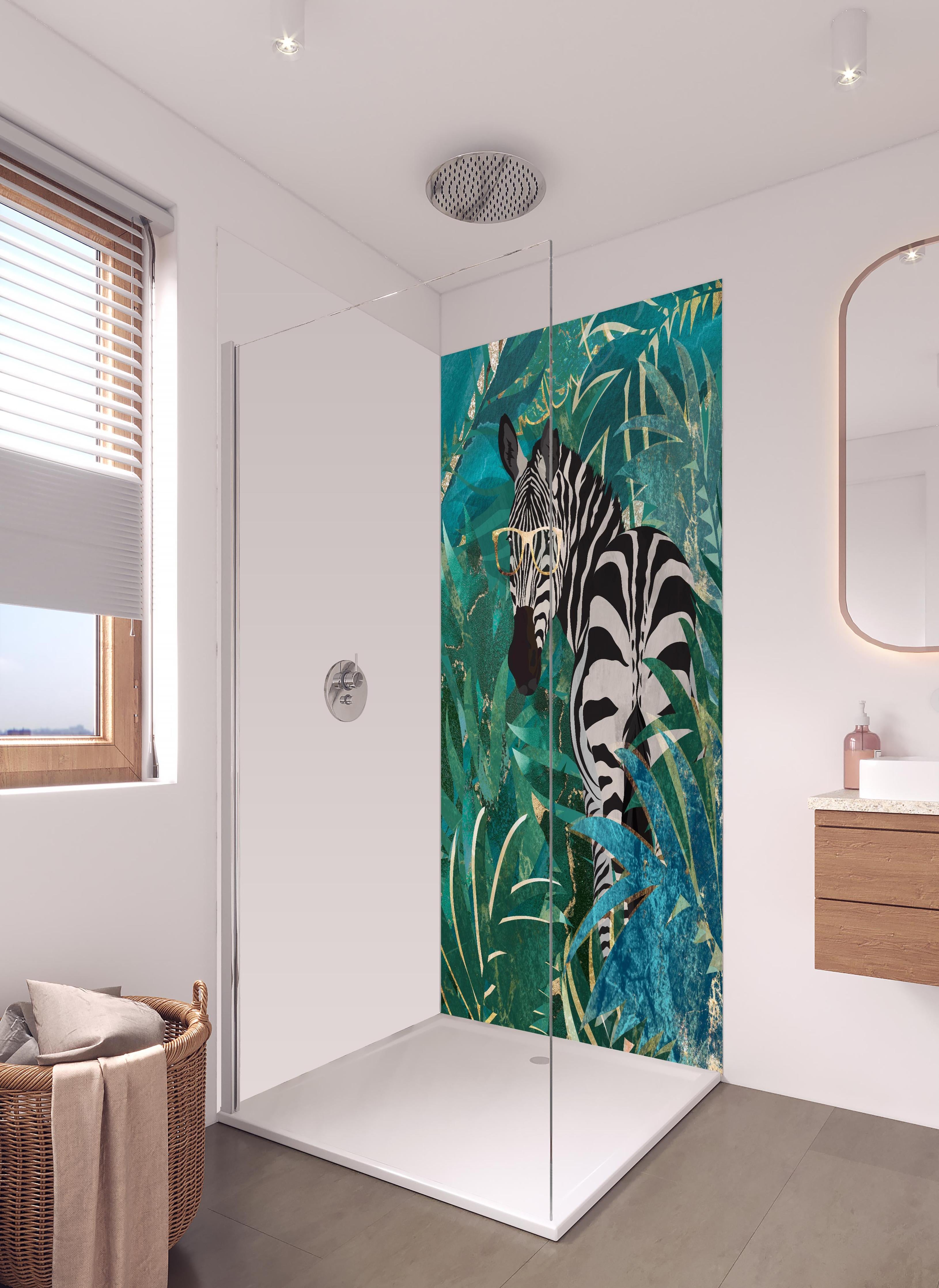 Duschrückwand - Abstrakte Zebra Malerei in hellem Badezimmer mit Regenduschkopf - zweiteilige Eck-Duschrückwand