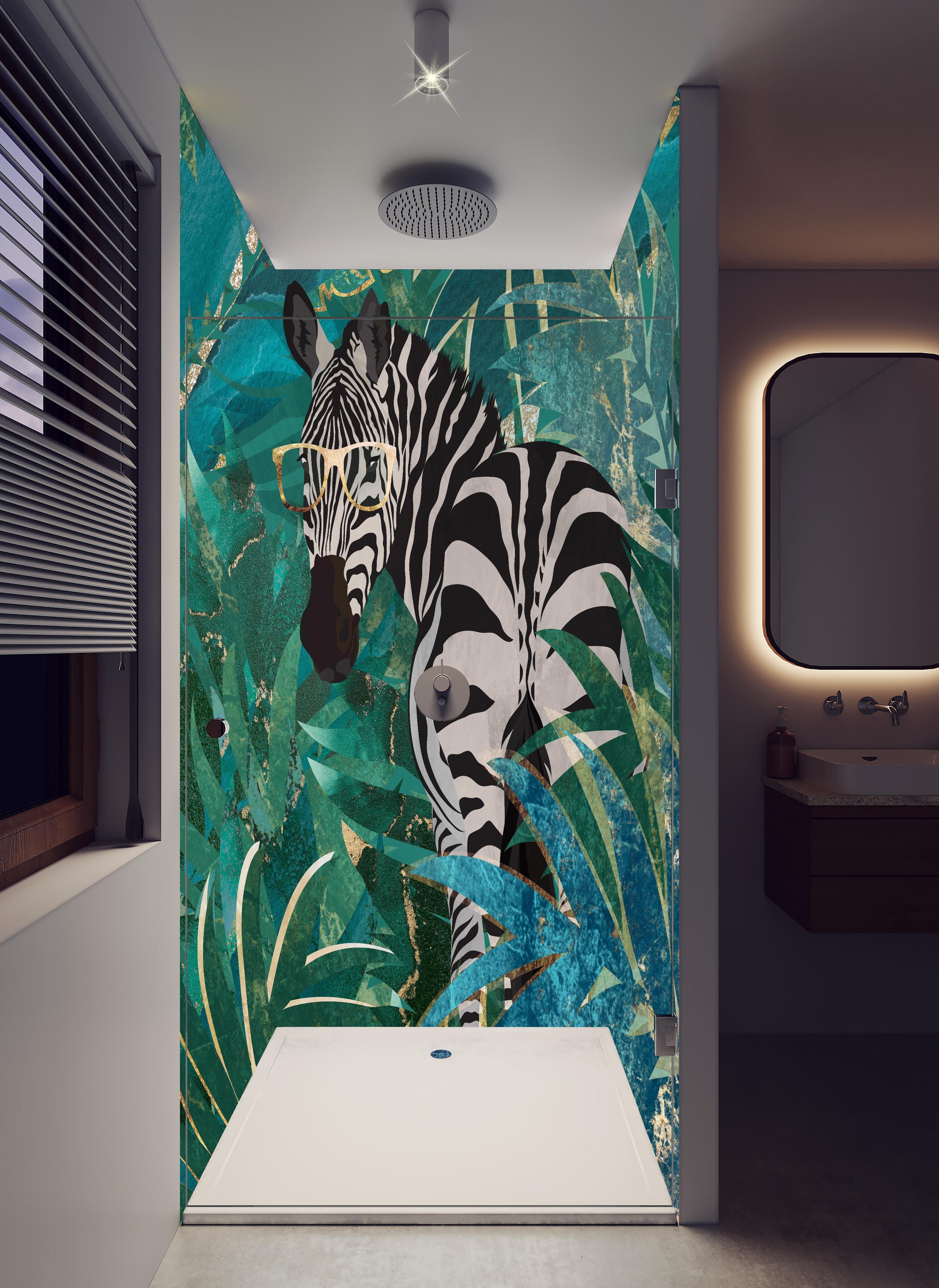 Duschrückwand - Abstrakte Zebra Malerei in hellem Badezimmer mit Regenduschkopf - zweiteilige Eck-Duschrückwand