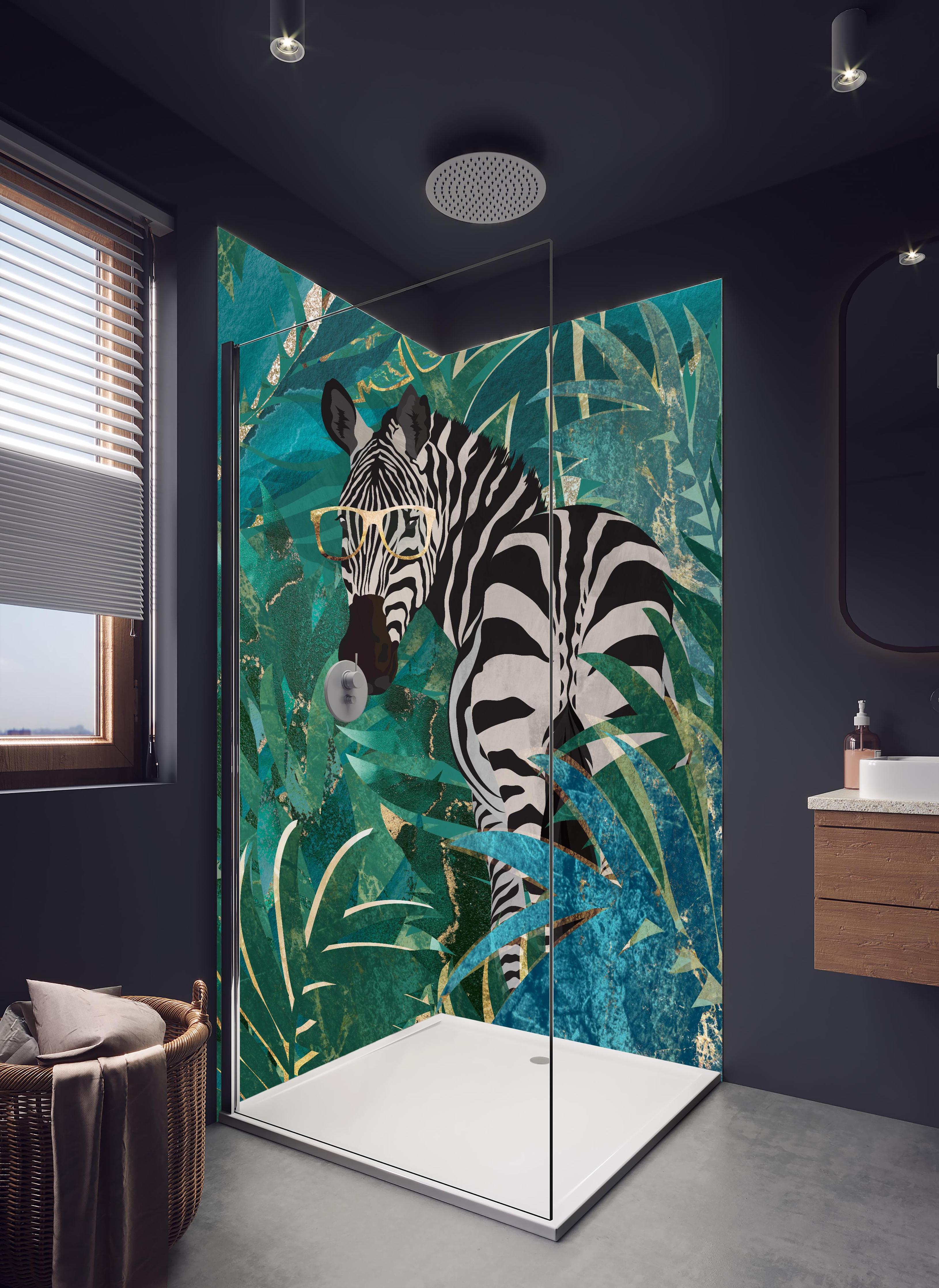 Duschrückwand - Abstrakte Zebra Malerei in hellem Badezimmer mit Regenduschkopf - zweiteilige Eck-Duschrückwand