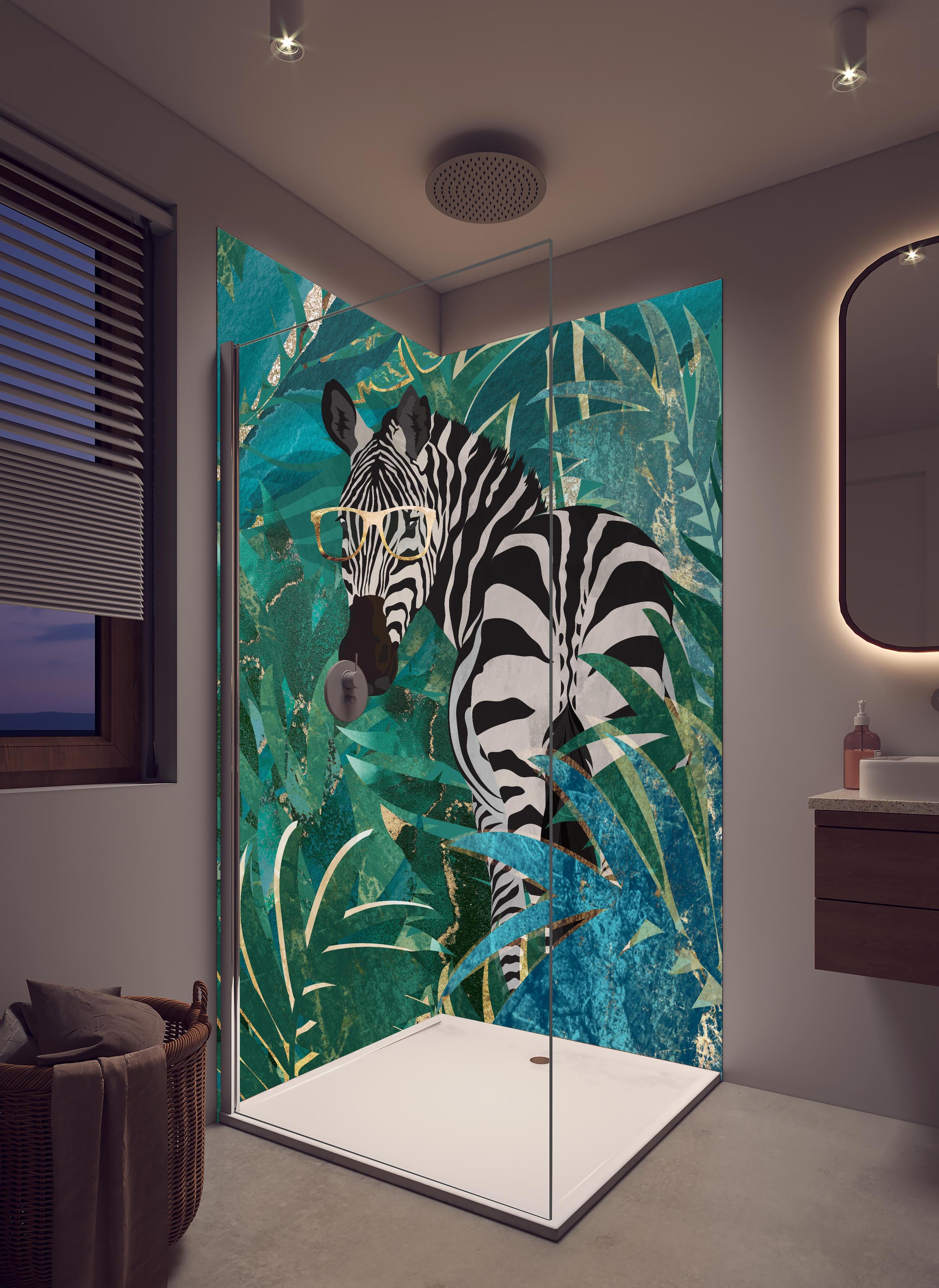 Duschrückwand - Abstrakte Zebra Malerei in hellem Badezimmer mit Regenduschkopf - zweiteilige Eck-Duschrückwand