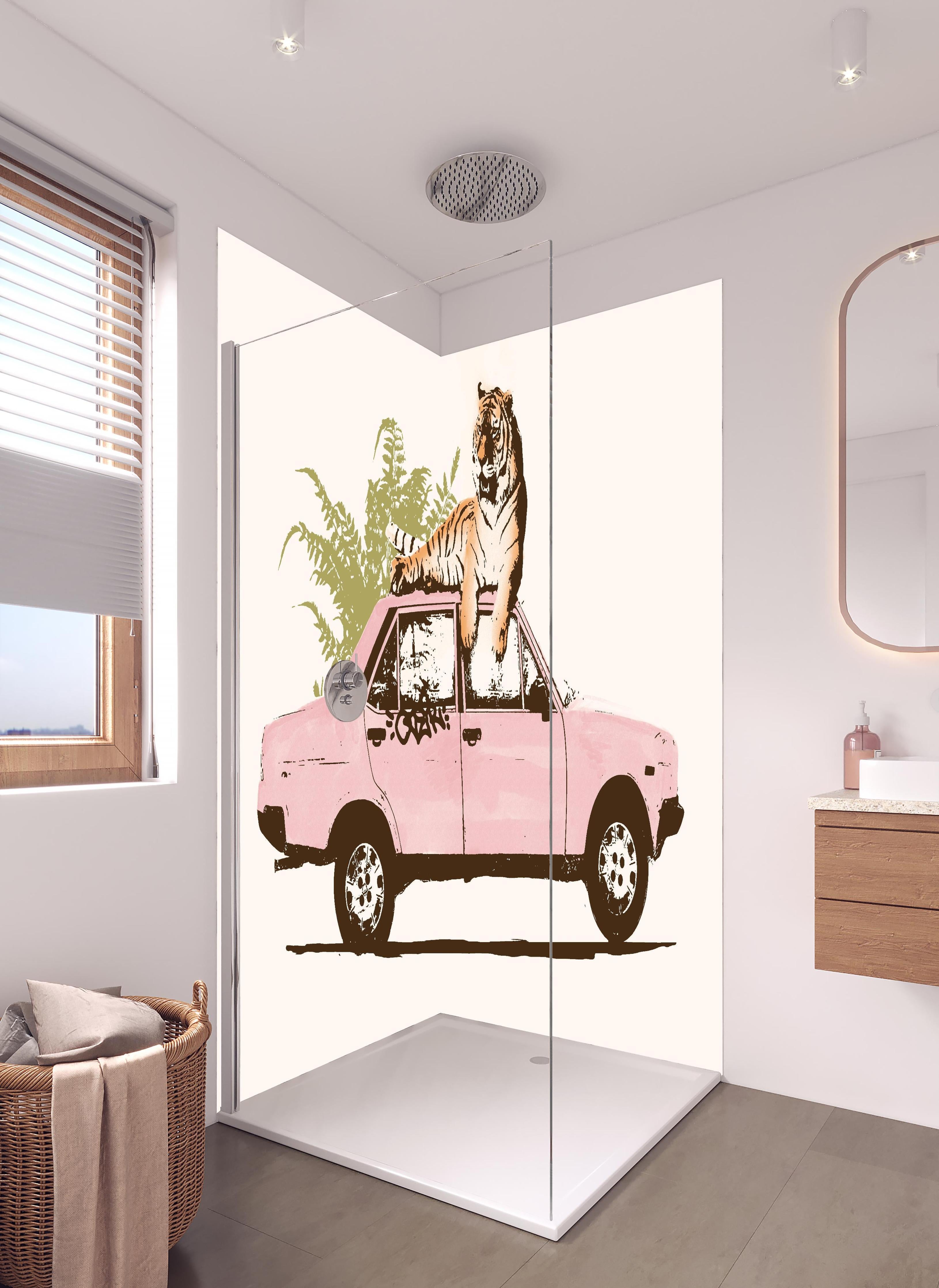 Duschrückwand - Abstrakte Zeichnung in hellem Badezimmer mit Regenduschkopf - zweiteilige Eck-Duschrückwand