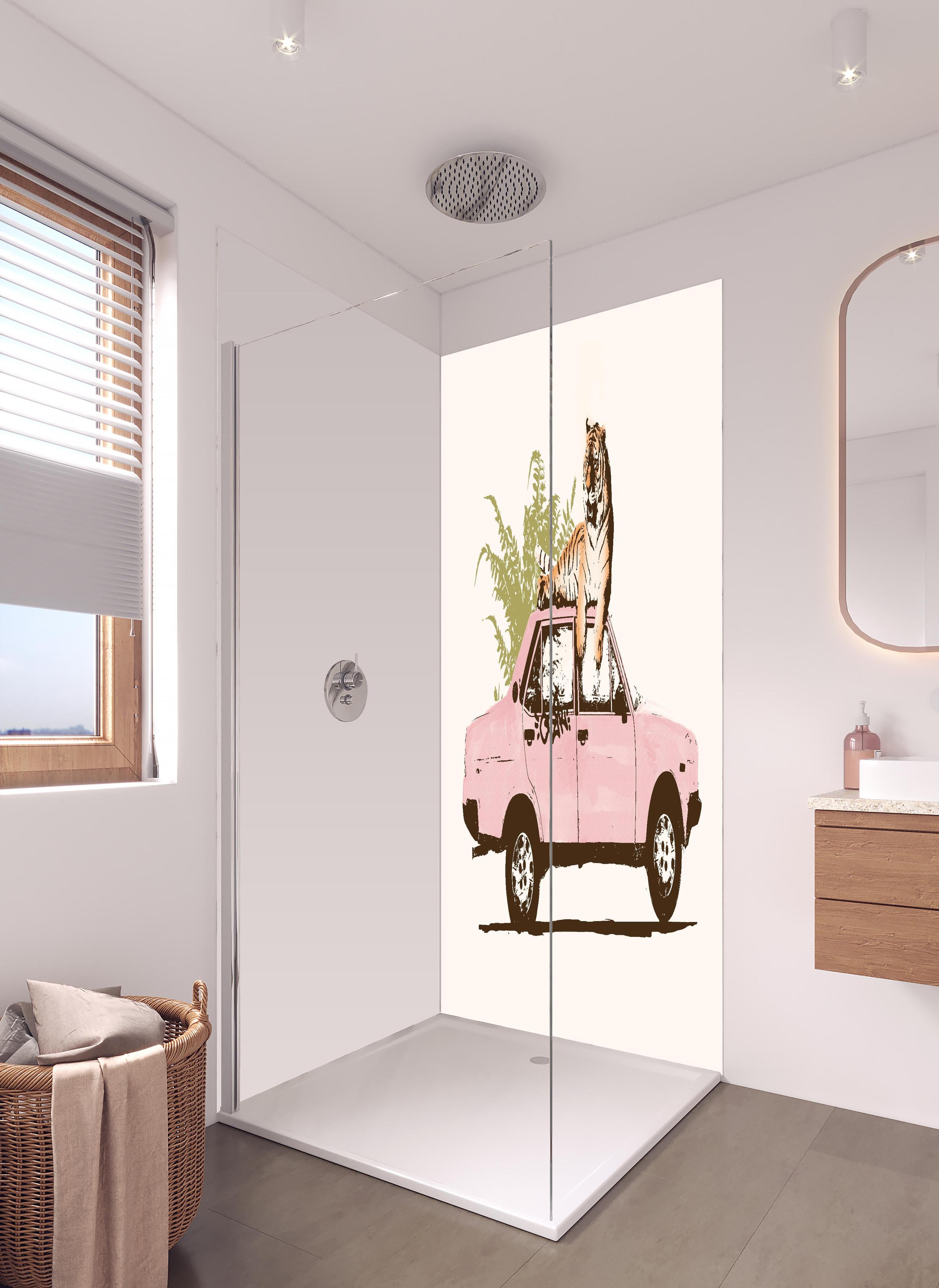 Duschrückwand - Abstrakte Zeichnung in hellem Badezimmer mit Regenduschkopf - zweiteilige Eck-Duschrückwand