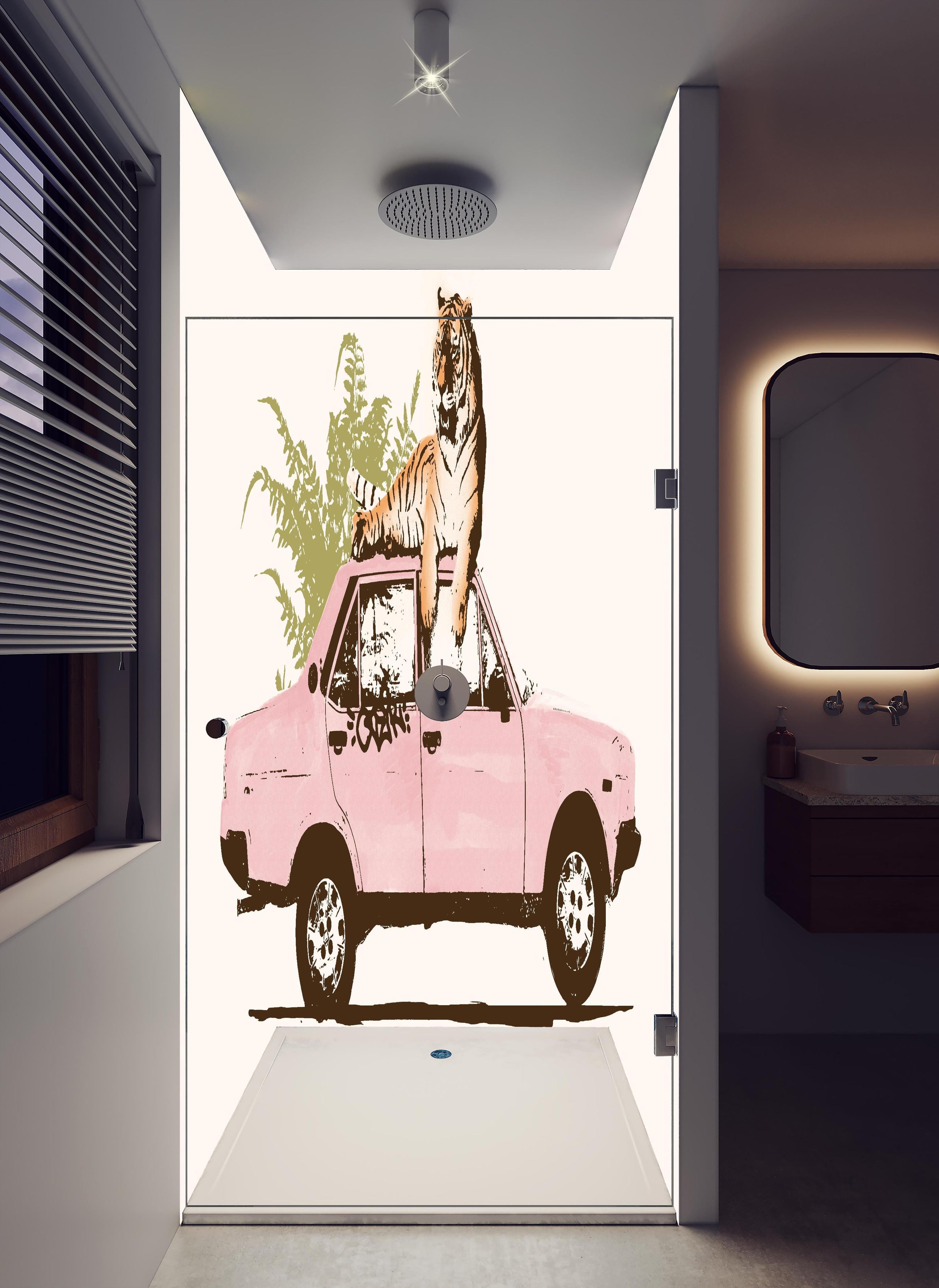 Duschrückwand - Abstrakte Zeichnung in hellem Badezimmer mit Regenduschkopf - zweiteilige Eck-Duschrückwand