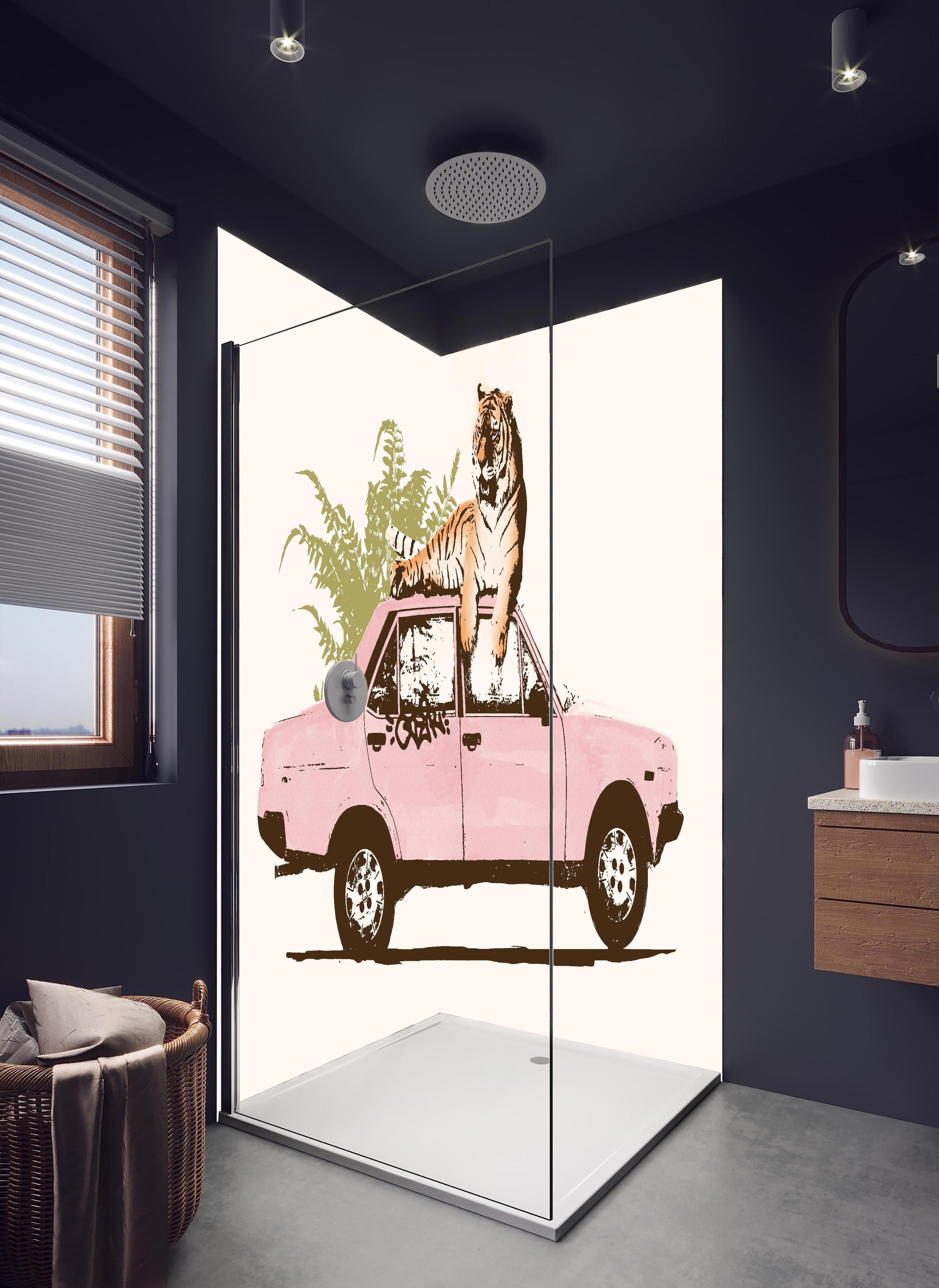 Duschrückwand - Abstrakte Zeichnung in hellem Badezimmer mit Regenduschkopf - zweiteilige Eck-Duschrückwand