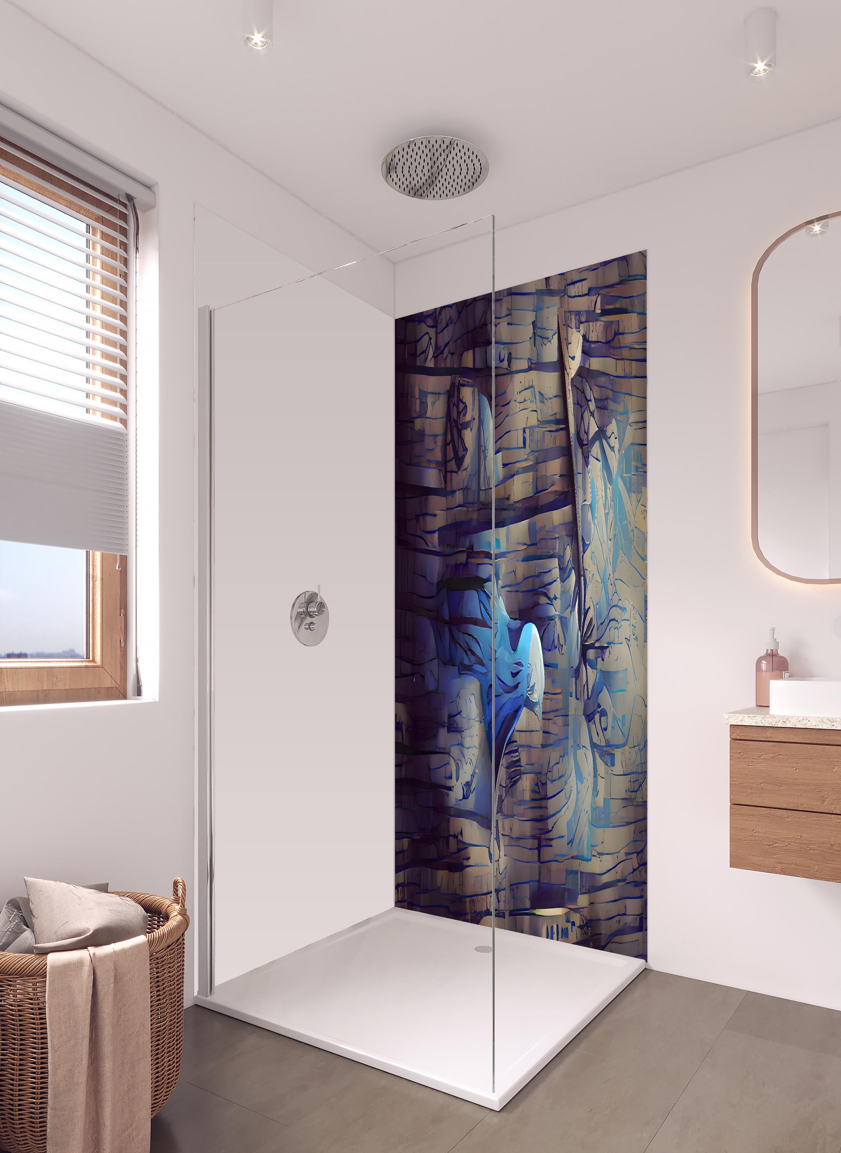 Duschrückwand - Abstrakte blaue Holztextur in hellem Badezimmer mit Regenduschkopf - zweiteilige Eck-Duschrückwand