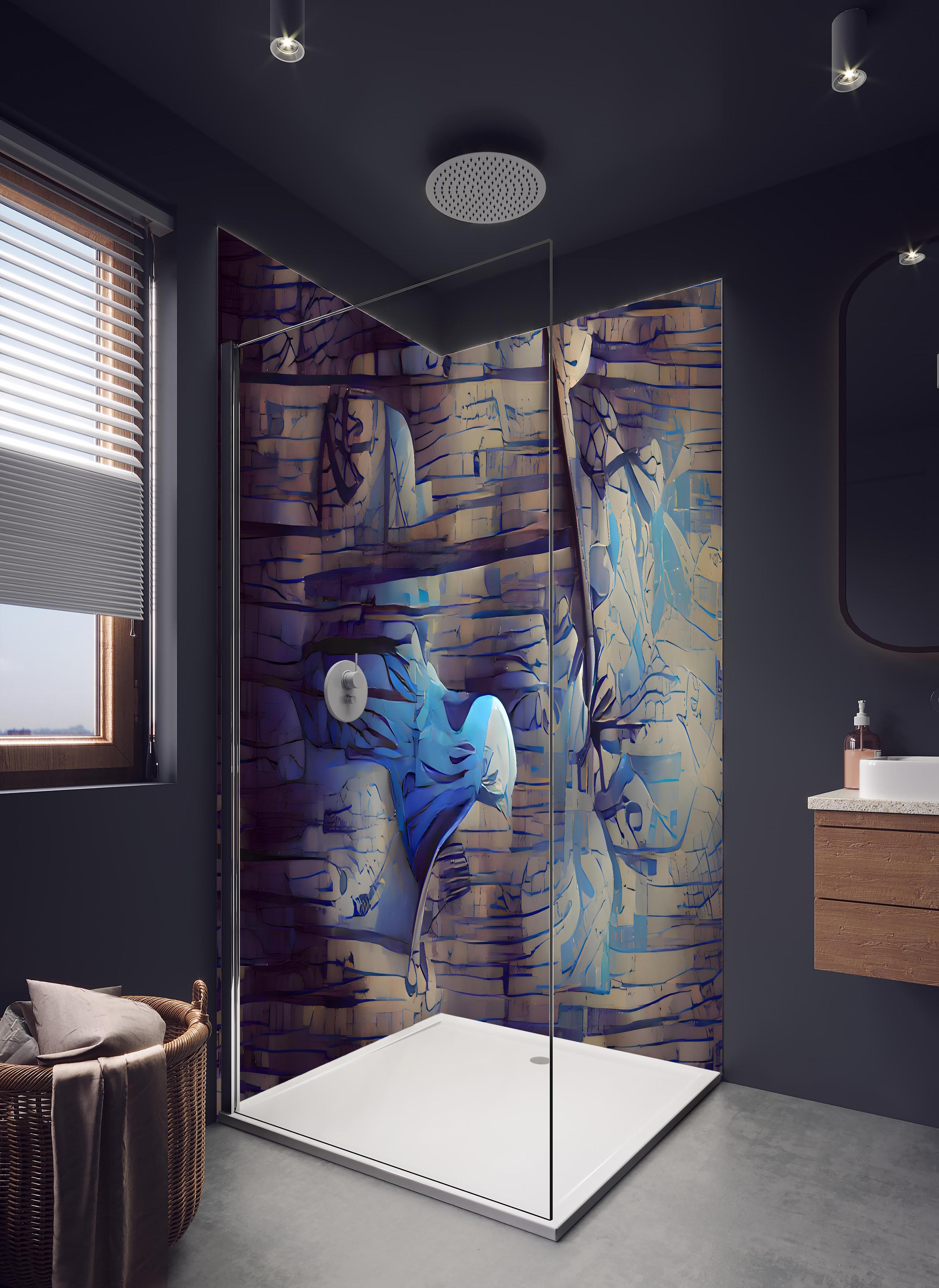 Duschrückwand - Abstrakte blaue Holztextur in hellem Badezimmer mit Regenduschkopf - zweiteilige Eck-Duschrückwand