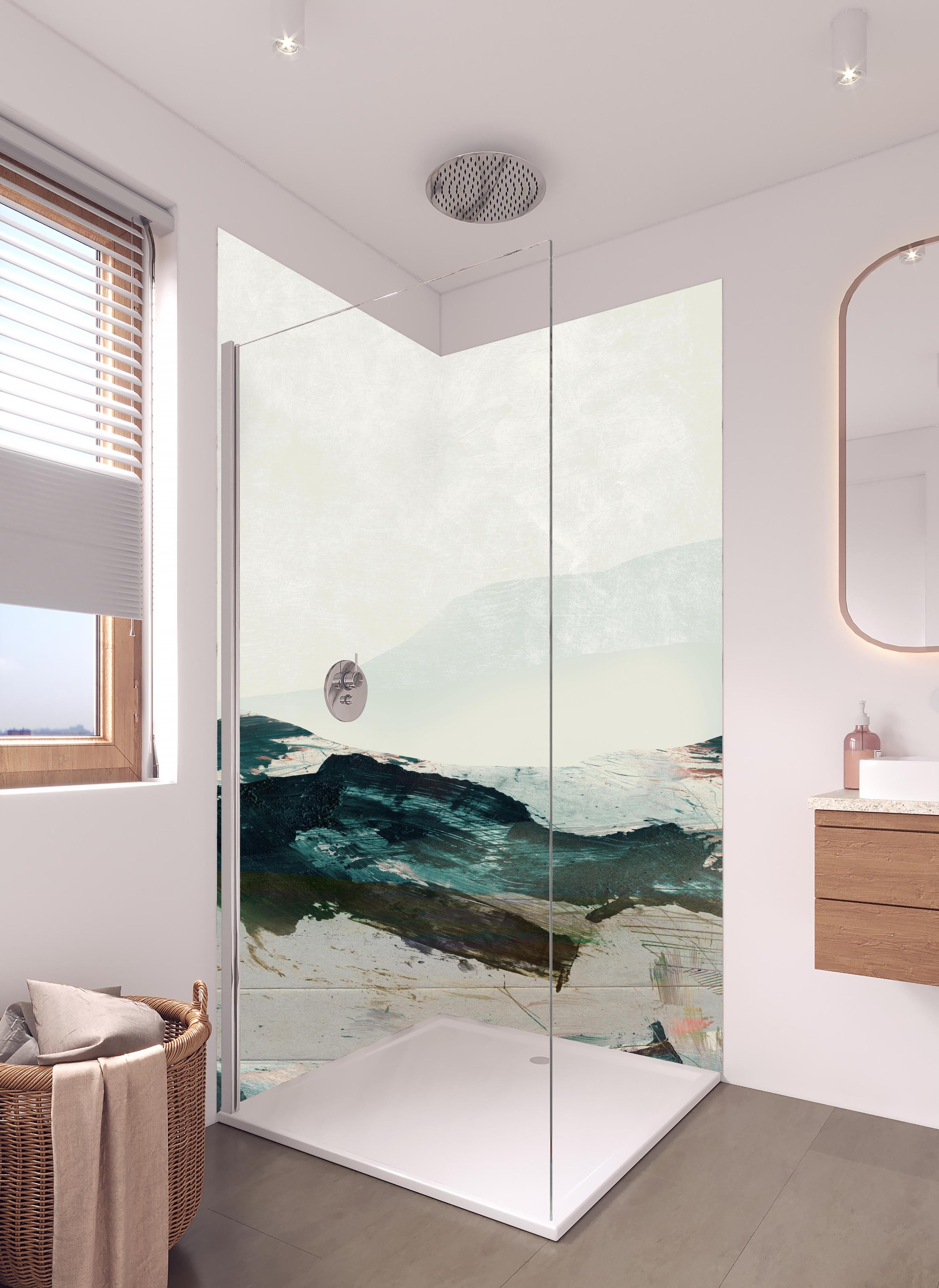 Duschrückwand - Abstrakte blaugrüne Bergdarstellung in hellem Badezimmer mit Regenduschkopf - zweiteilige Eck-Duschrückwand