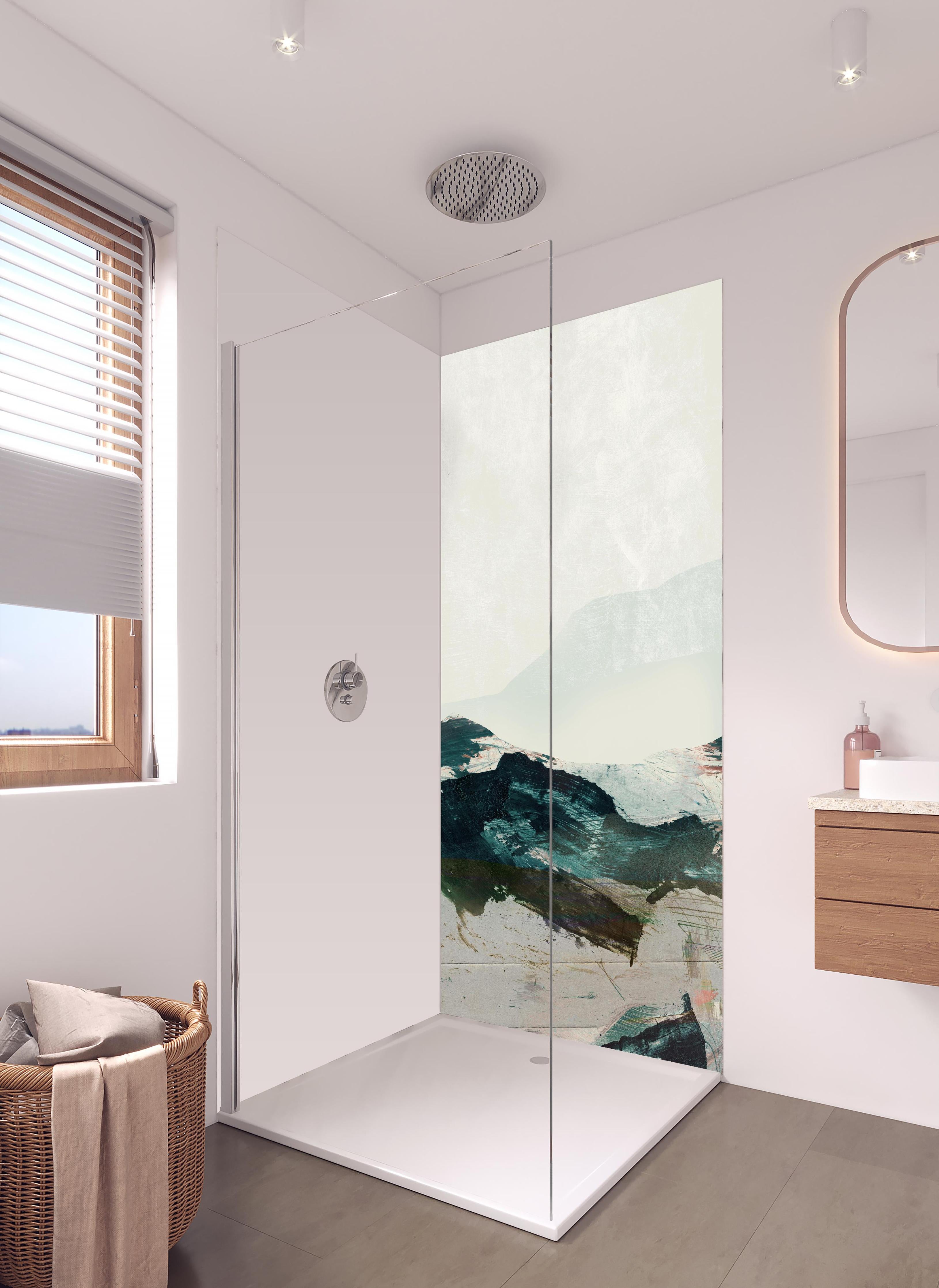 Duschrückwand - Abstrakte blaugrüne Bergdarstellung in hellem Badezimmer mit Regenduschkopf - zweiteilige Eck-Duschrückwand