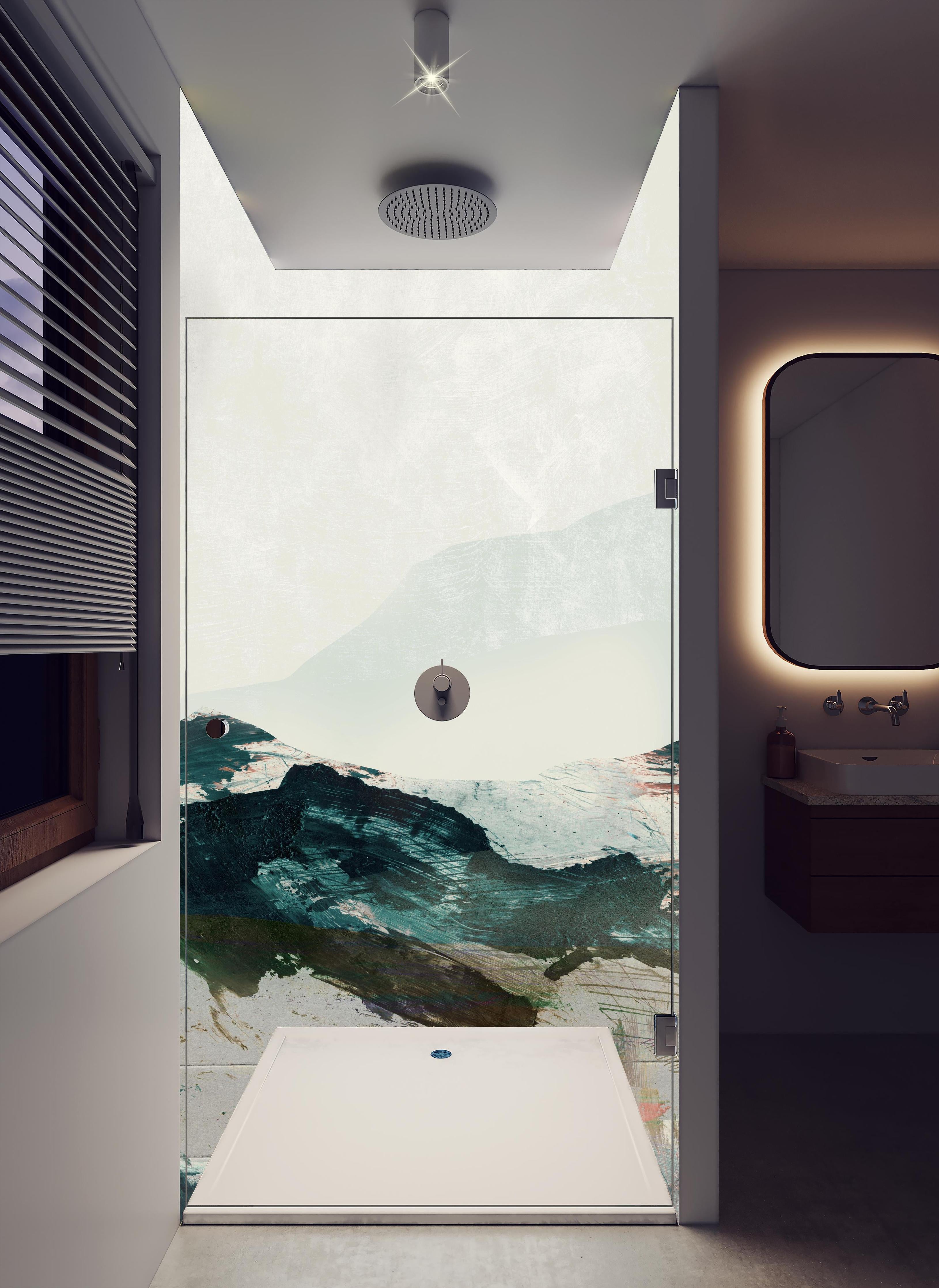 Duschrückwand - Abstrakte blaugrüne Bergdarstellung in hellem Badezimmer mit Regenduschkopf - zweiteilige Eck-Duschrückwand