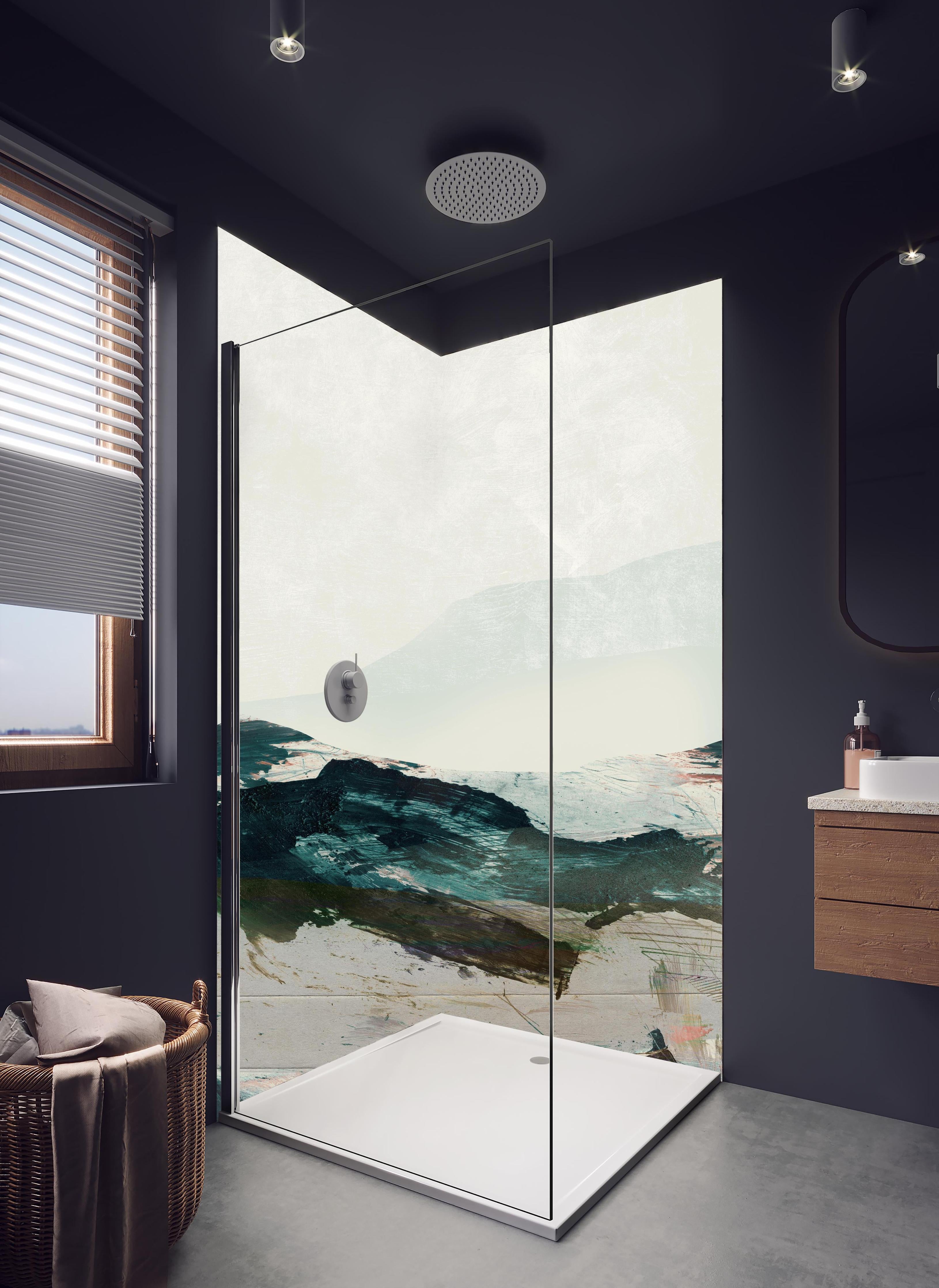 Duschrückwand - Abstrakte blaugrüne Bergdarstellung in hellem Badezimmer mit Regenduschkopf - zweiteilige Eck-Duschrückwand