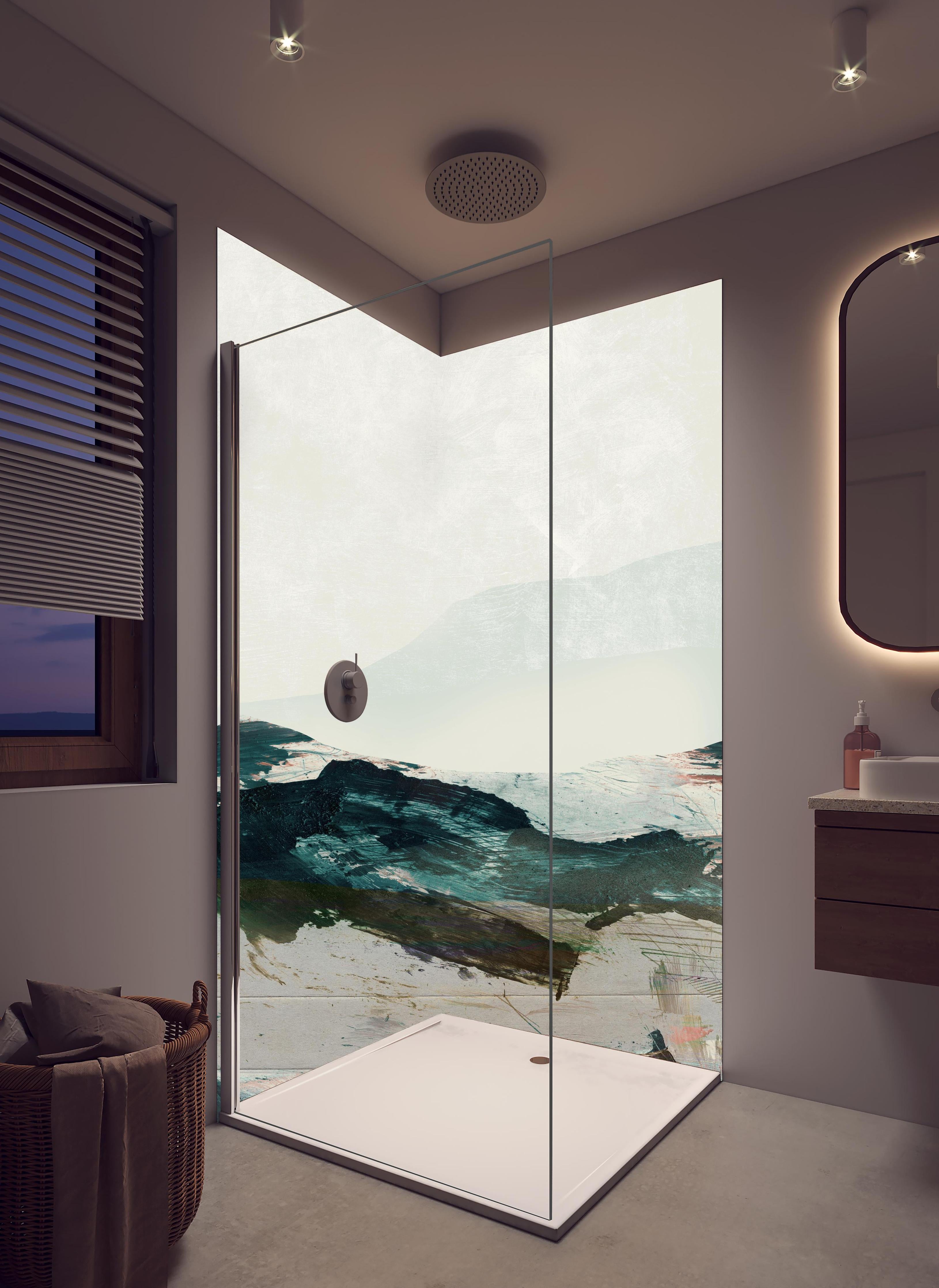Duschrückwand - Abstrakte blaugrüne Bergdarstellung in hellem Badezimmer mit Regenduschkopf - zweiteilige Eck-Duschrückwand