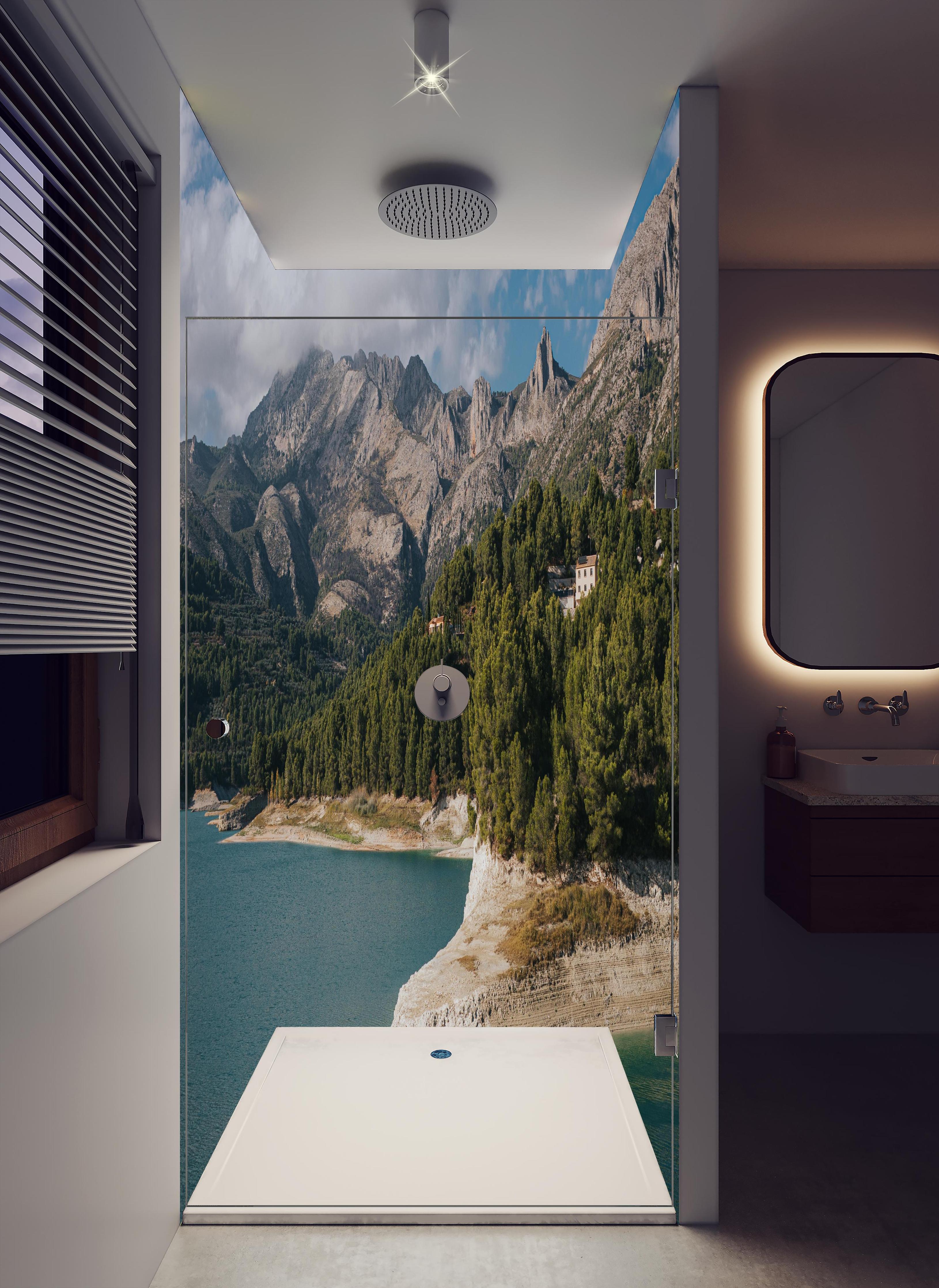 Duschrückwand - Abstrakte blaugrüne Bergdarstellung in hellem Badezimmer mit Regenduschkopf - zweiteilige Eck-Duschrückwand