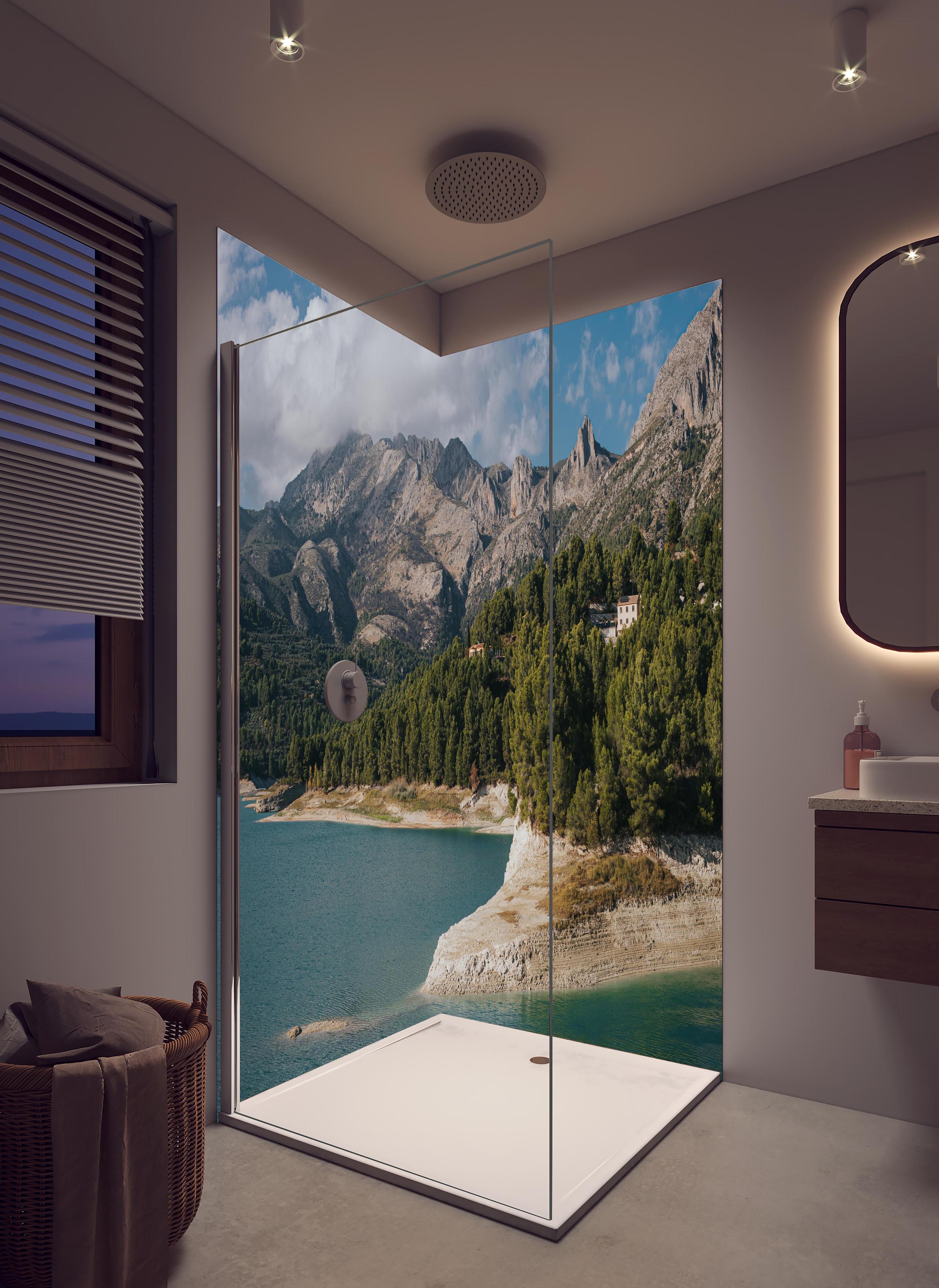 Duschrückwand - Abstrakte blaugrüne Bergdarstellung in hellem Badezimmer mit Regenduschkopf - zweiteilige Eck-Duschrückwand