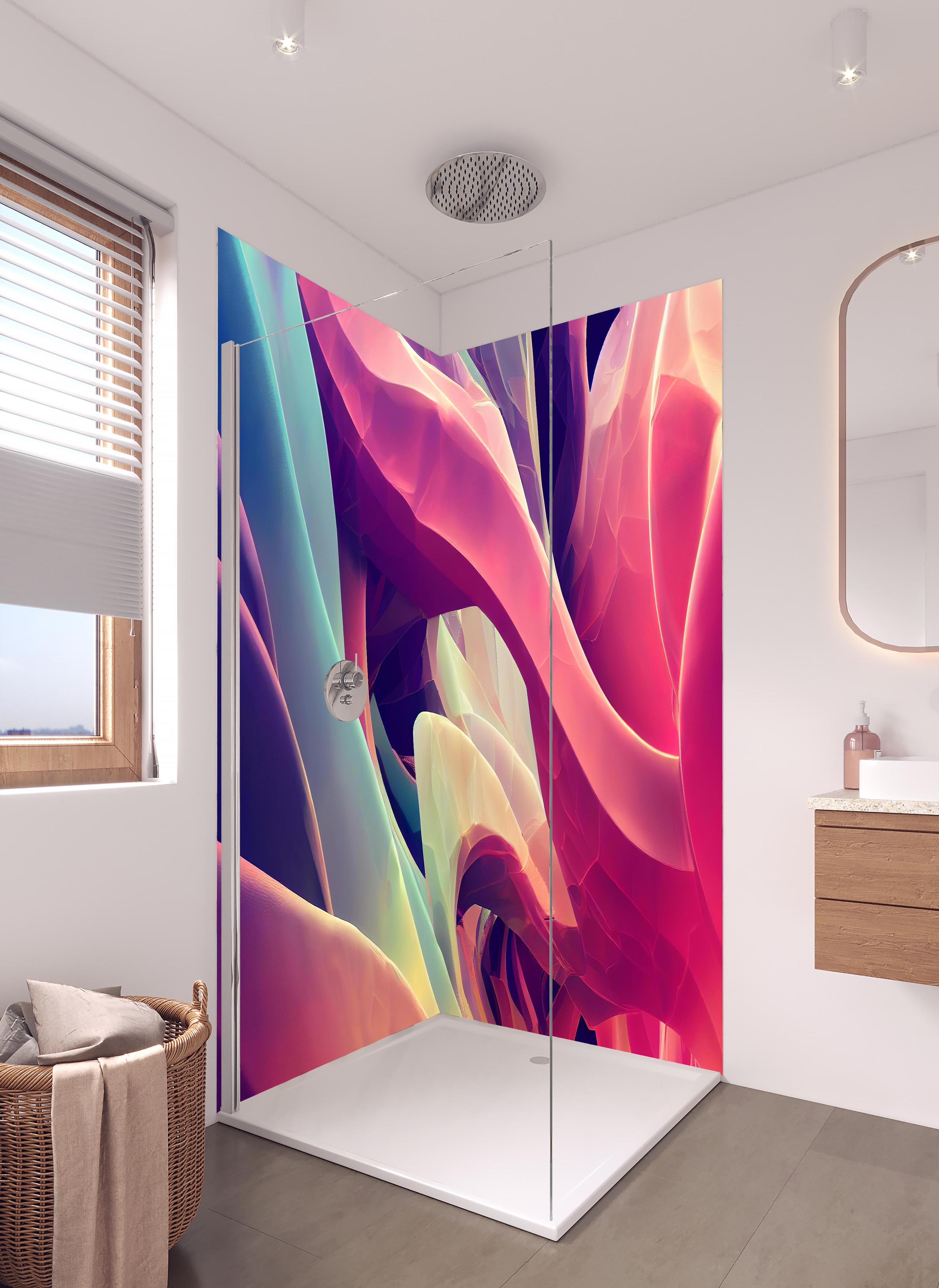 Duschrückwand - Abstrakte bunte Wellen in hellem Badezimmer mit Regenduschkopf - zweiteilige Eck-Duschrückwand