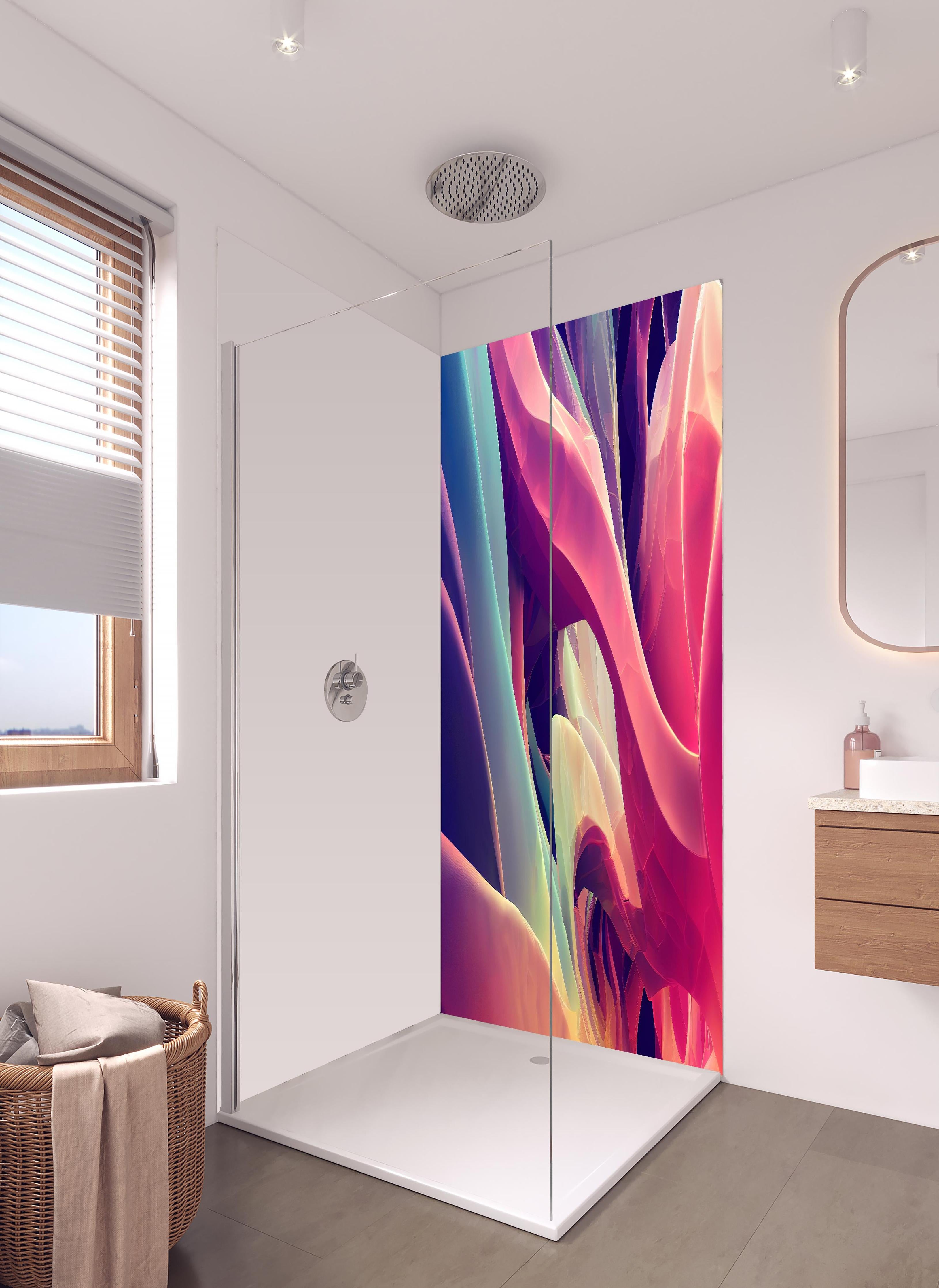 Duschrückwand - Abstrakte bunte Wellen in hellem Badezimmer mit Regenduschkopf - zweiteilige Eck-Duschrückwand