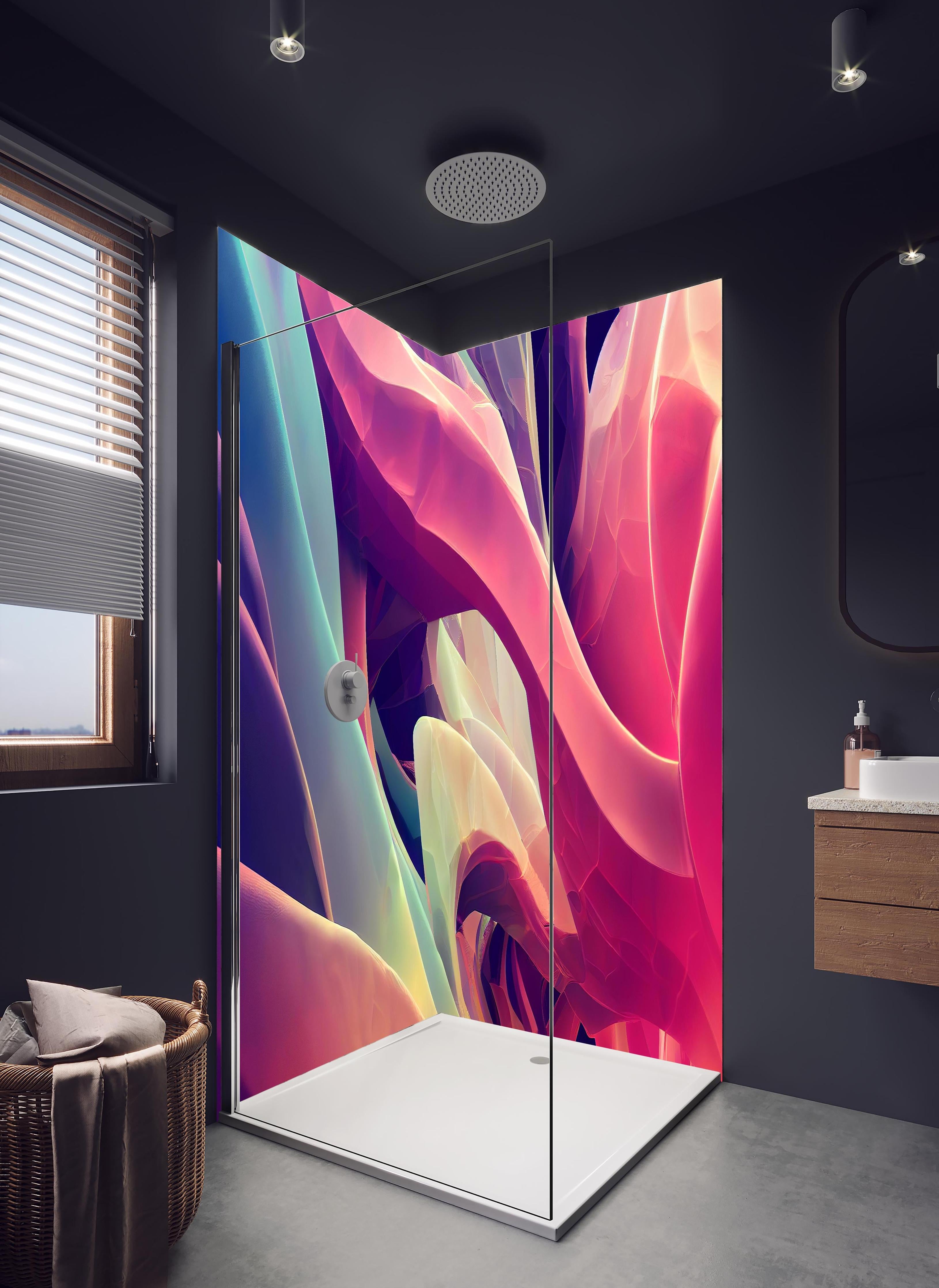 Duschrückwand - Abstrakte bunte Wellen in hellem Badezimmer mit Regenduschkopf - zweiteilige Eck-Duschrückwand