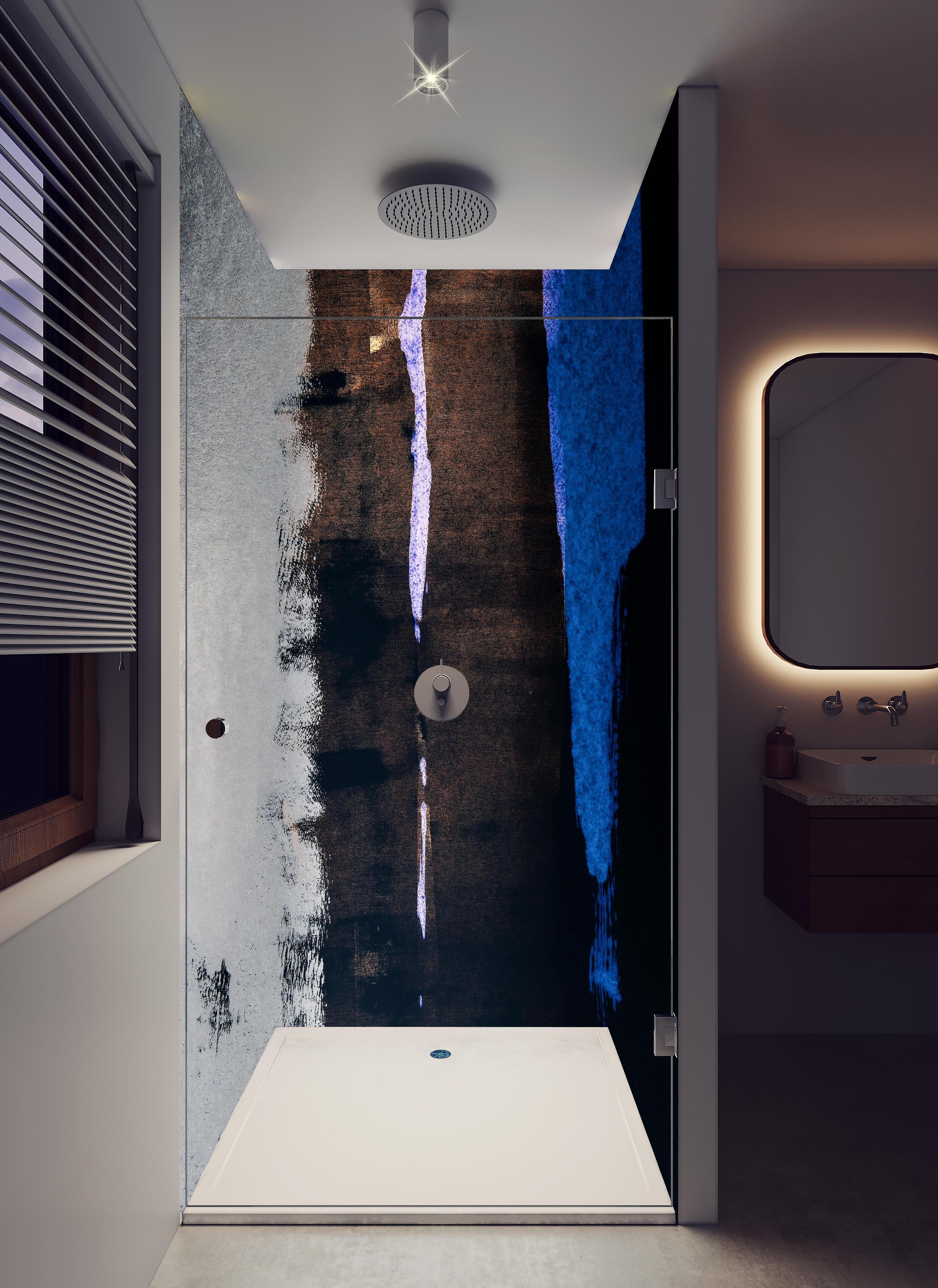 Duschrückwand - Abstrakte dunkle Steinreflexion mit Pinselstrich in hellem Badezimmer mit Regenduschkopf - zweiteilige Eck-Duschrückwand