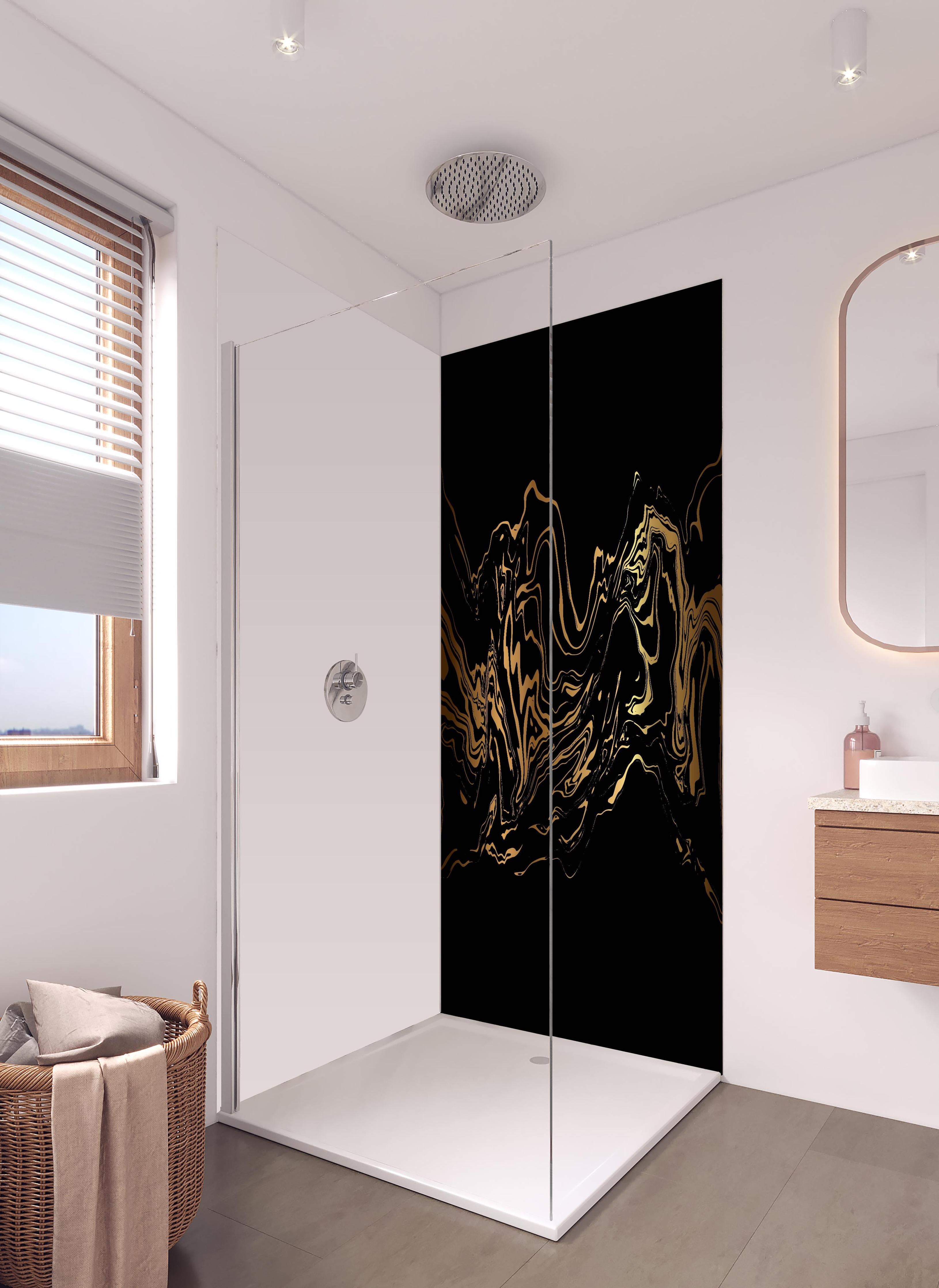 Duschrückwand - Abstrakte goldene Marmortextur mit Wellenlinien in hellem Badezimmer mit Regenduschkopf - zweiteilige Eck-Duschrückwand