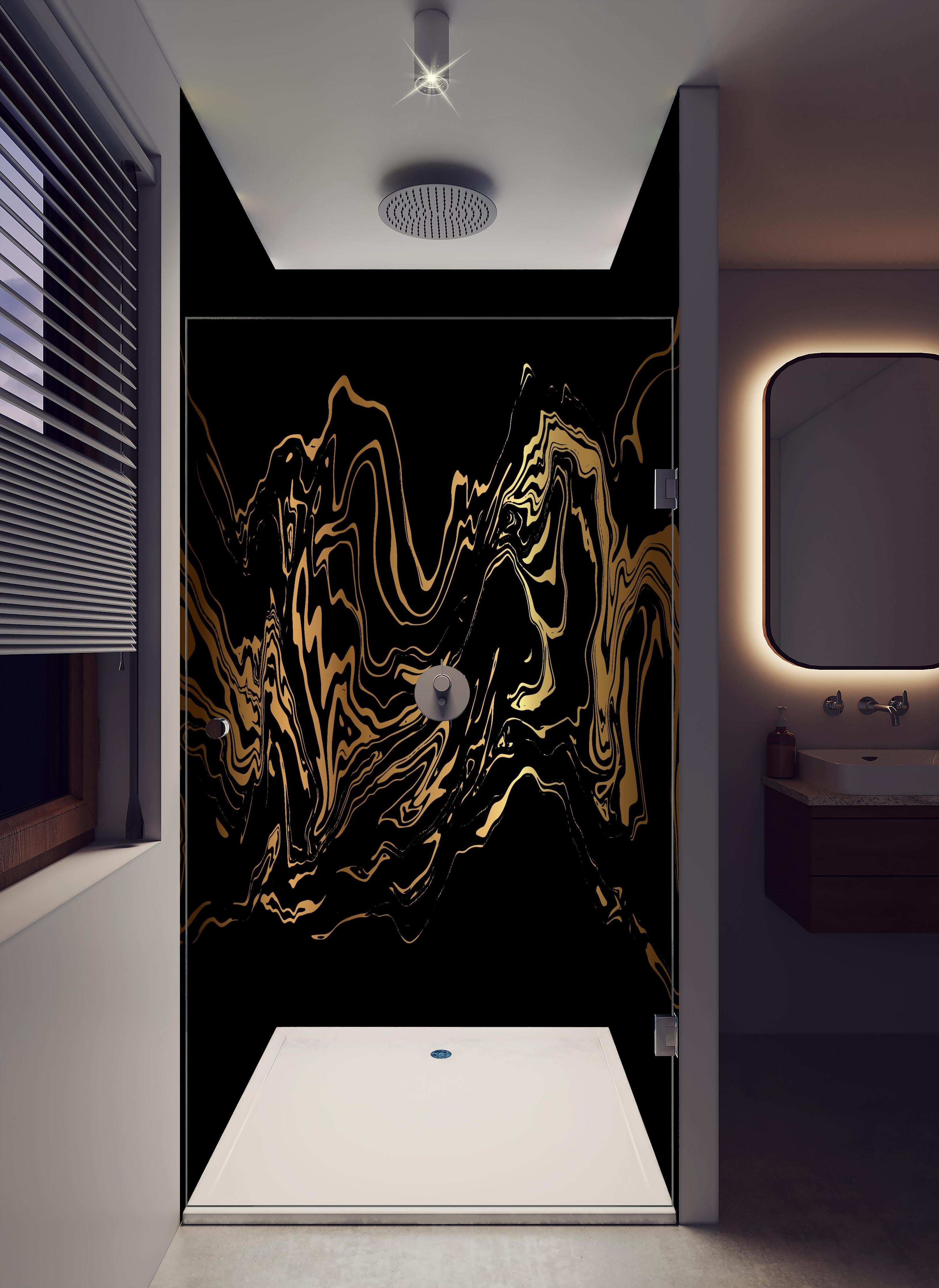 Duschrückwand - Abstrakte goldene Marmortextur mit Wellenlinien in hellem Badezimmer mit Regenduschkopf - zweiteilige Eck-Duschrückwand