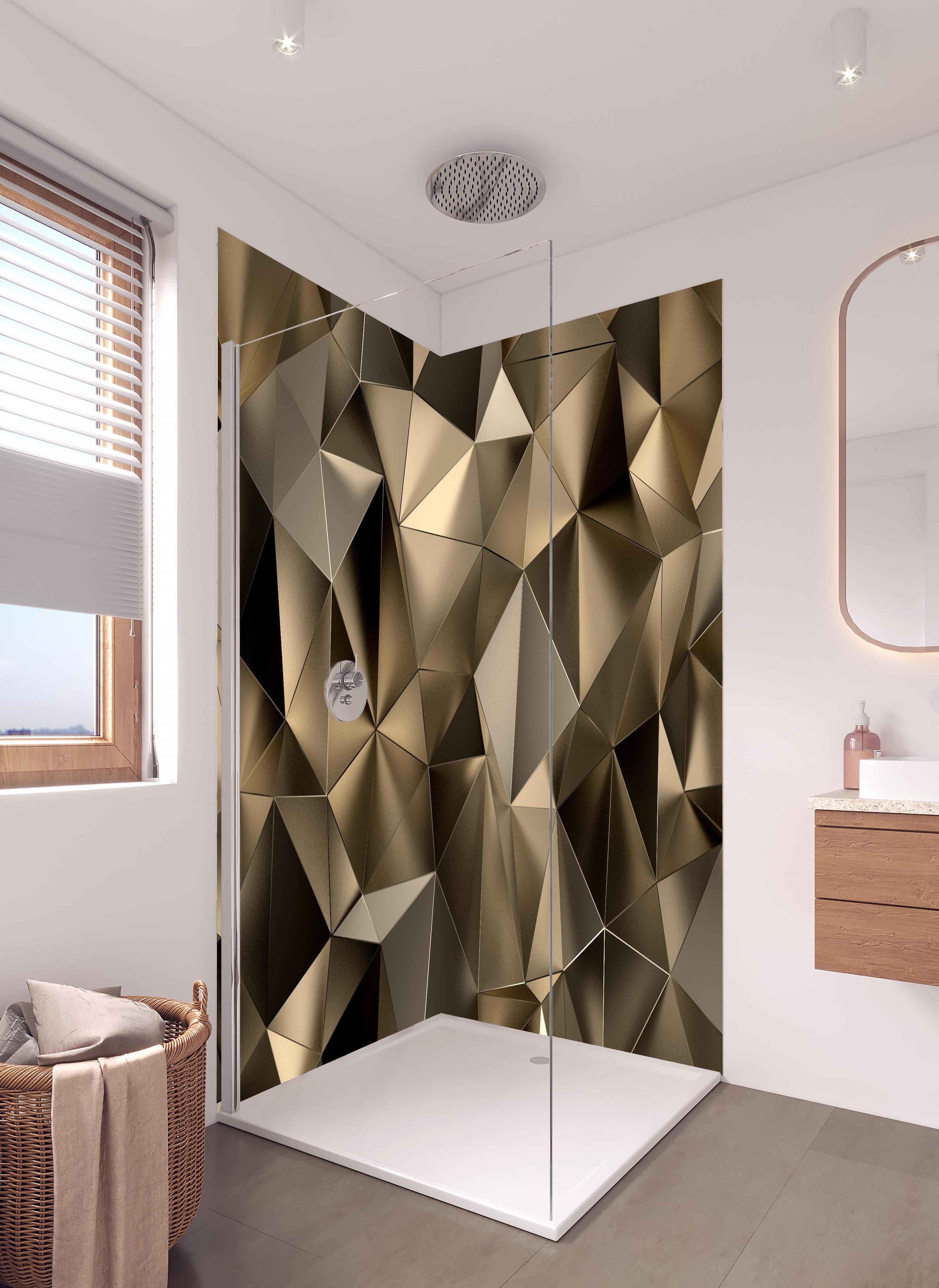 Duschrückwand - Abstrakte goldene triangulare Kristalltextur in hellem Badezimmer mit Regenduschkopf - zweiteilige Eck-Duschrückwand