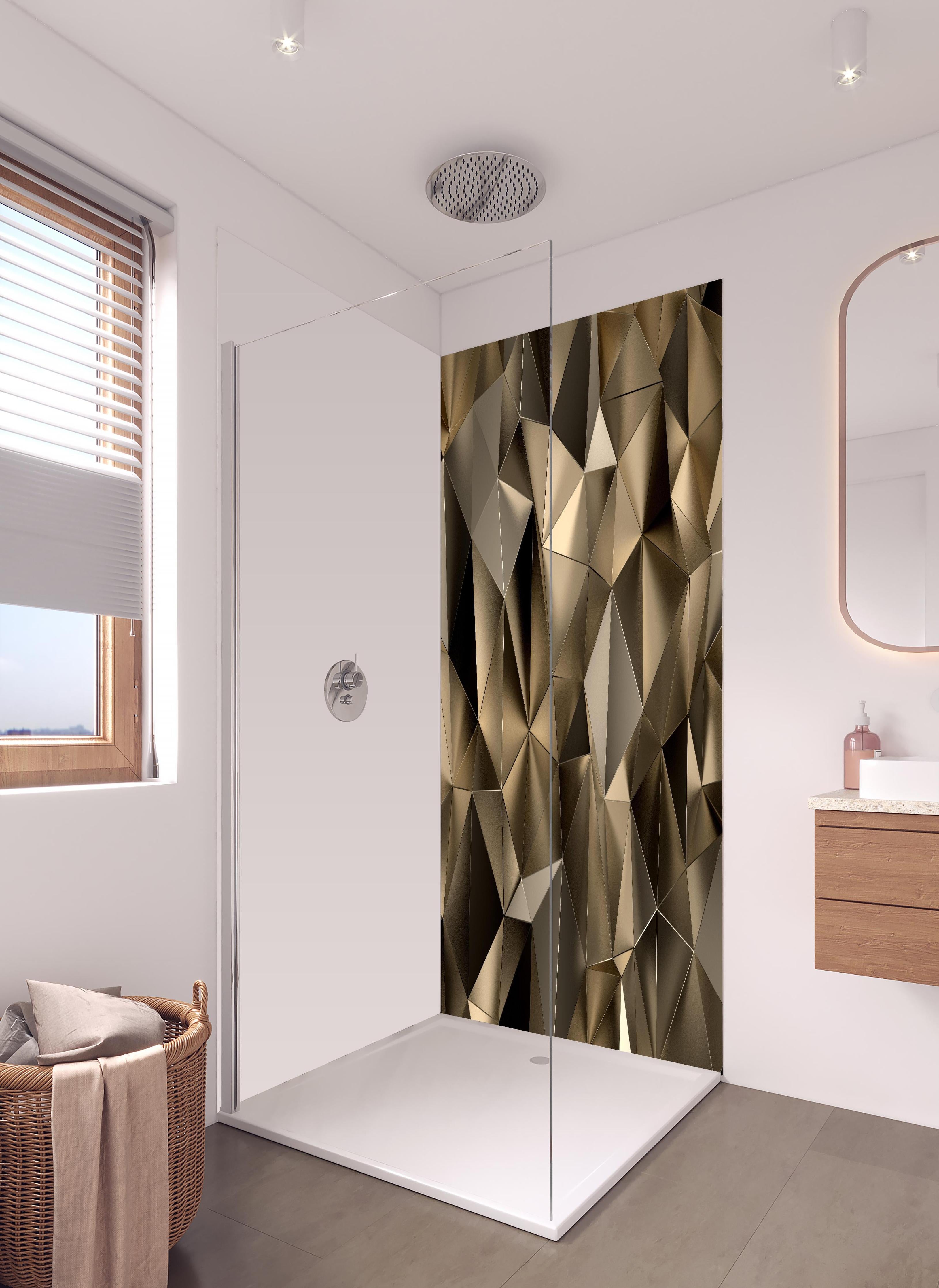 Duschrückwand - Abstrakte goldene triangulare Kristalltextur in hellem Badezimmer mit Regenduschkopf - zweiteilige Eck-Duschrückwand