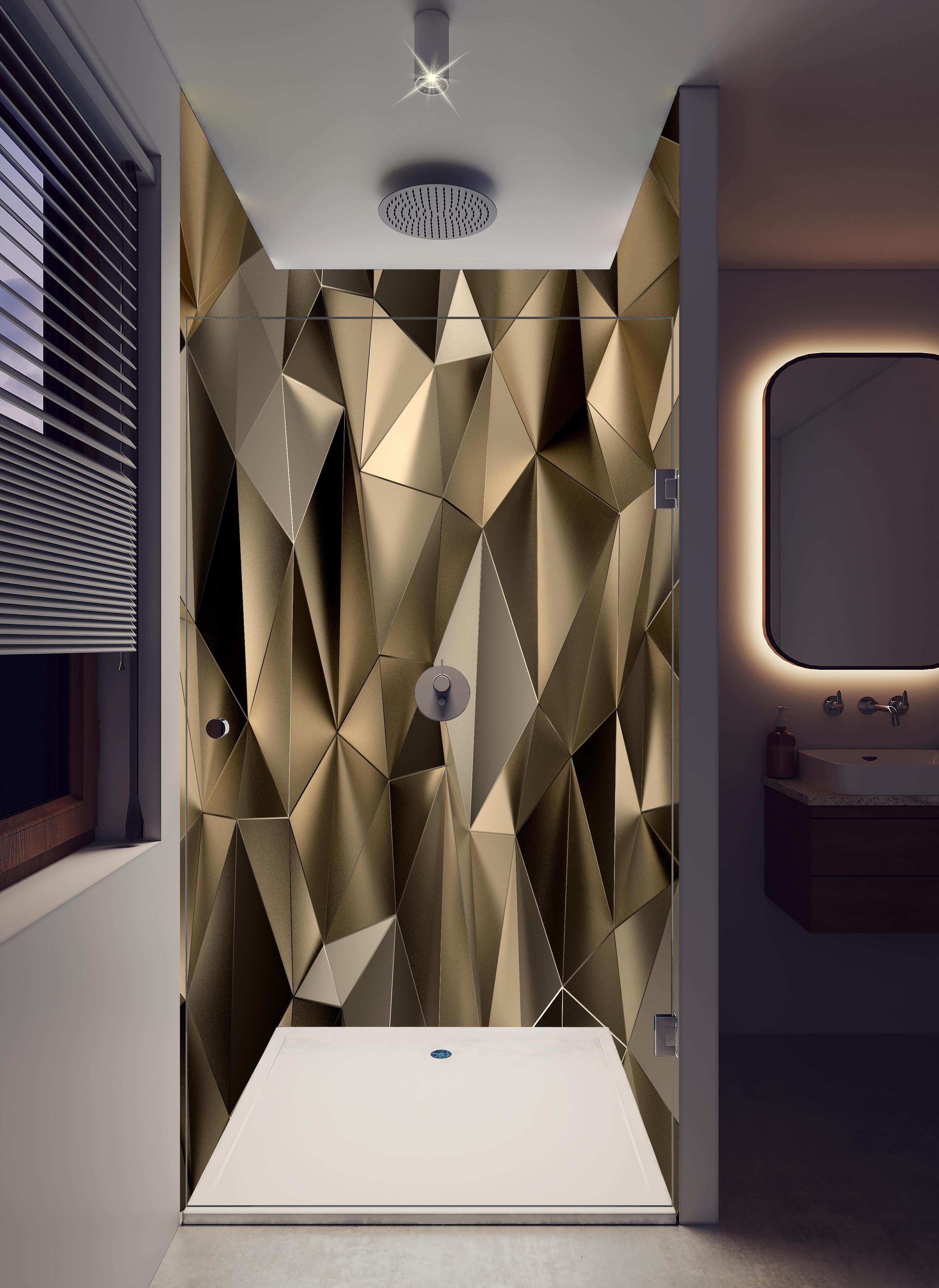 Duschrückwand - Abstrakte goldene triangulare Kristalltextur in hellem Badezimmer mit Regenduschkopf - zweiteilige Eck-Duschrückwand