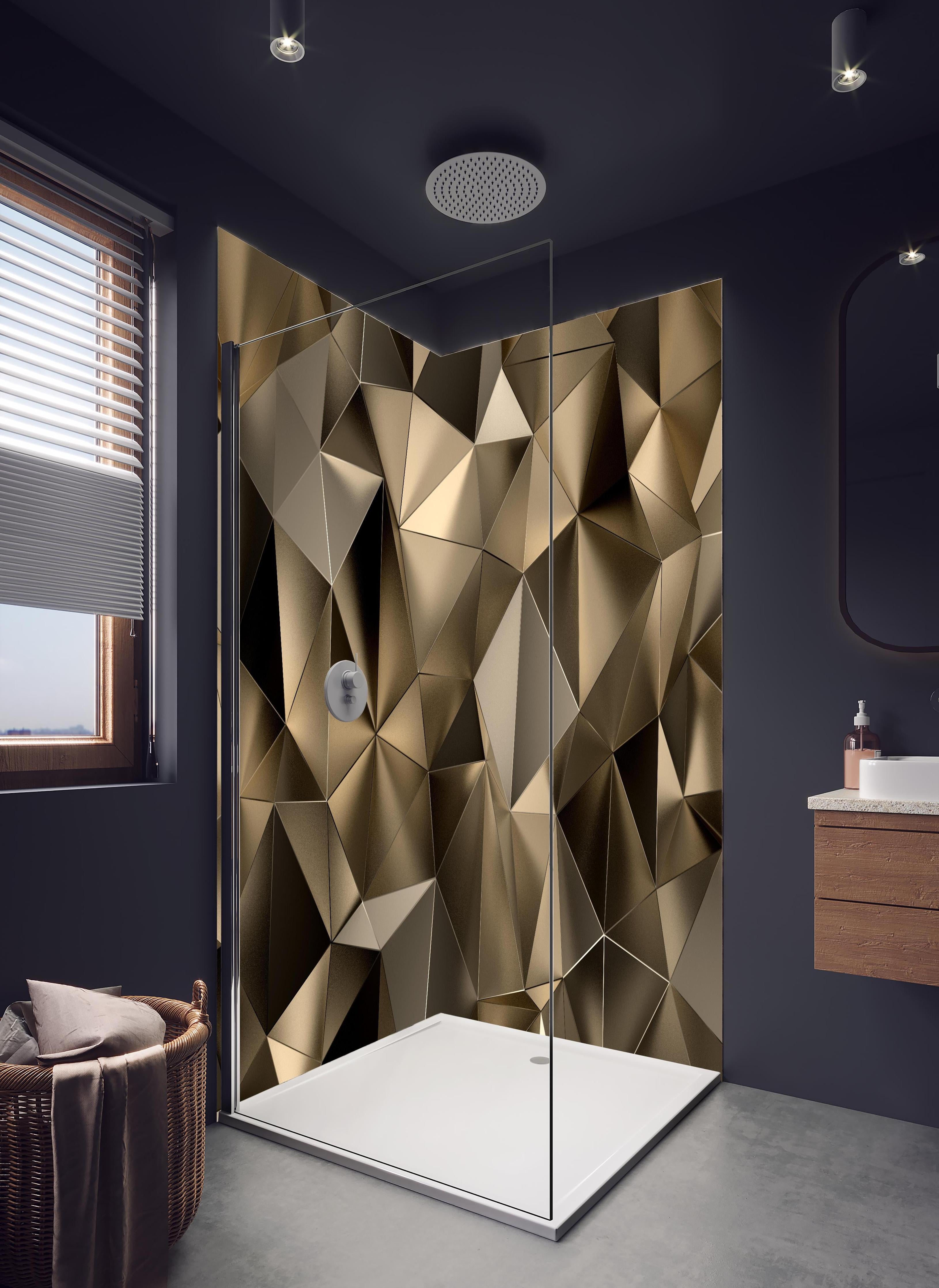 Duschrückwand - Abstrakte goldene triangulare Kristalltextur in hellem Badezimmer mit Regenduschkopf - zweiteilige Eck-Duschrückwand