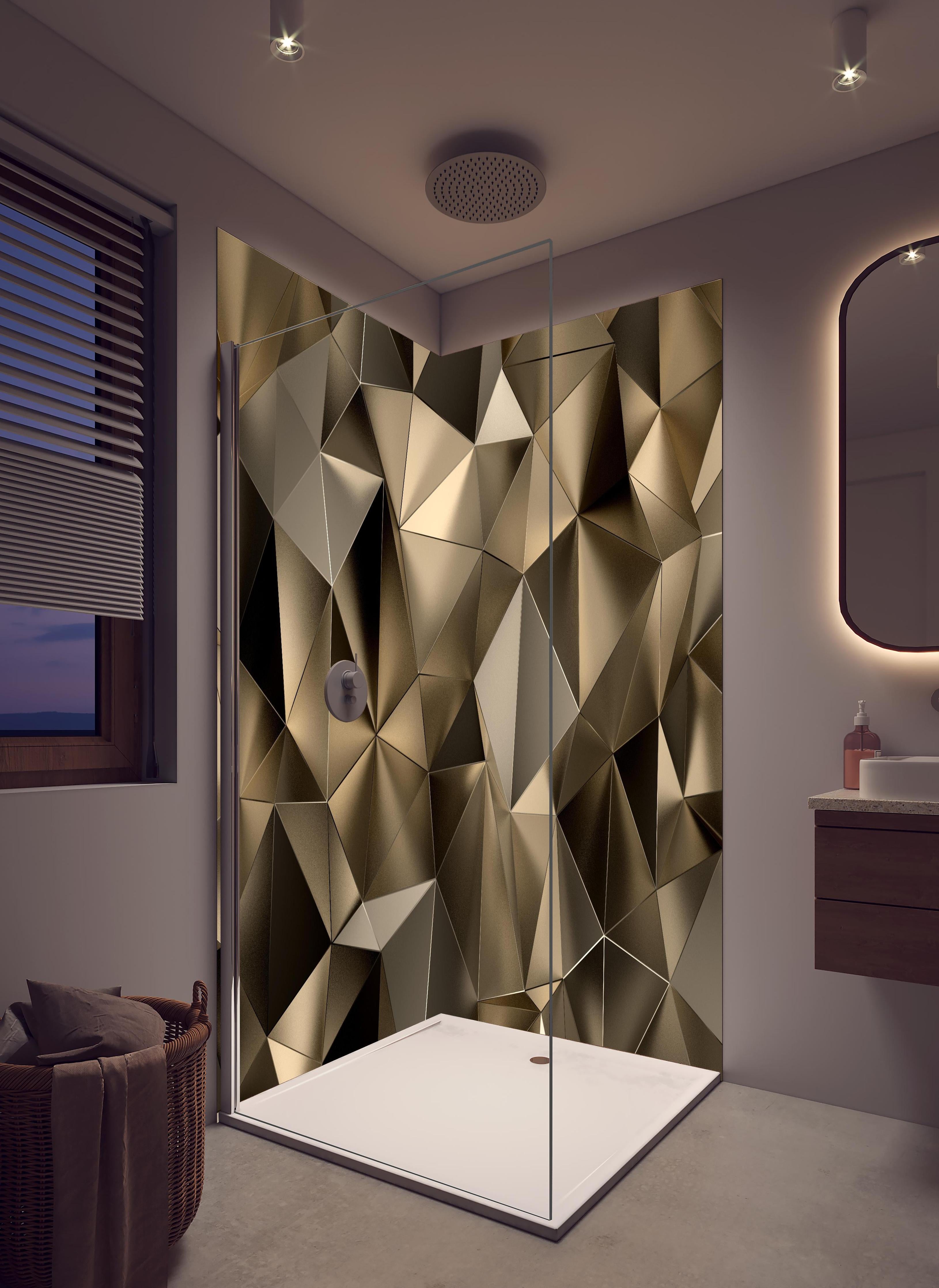 Duschrückwand - Abstrakte goldene triangulare Kristalltextur in hellem Badezimmer mit Regenduschkopf - zweiteilige Eck-Duschrückwand