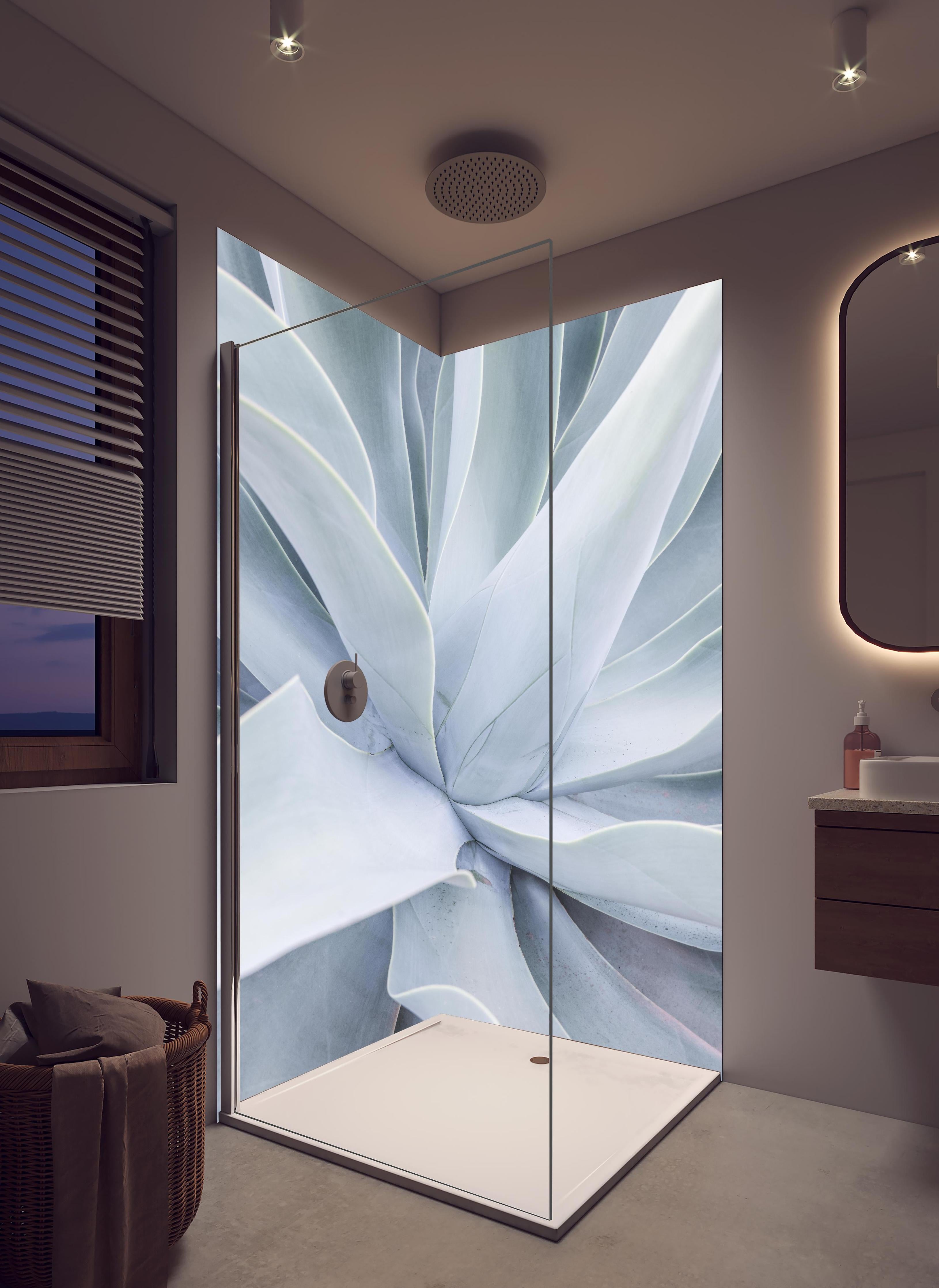 Duschrückwand - Abstrakte mintgrüne Aloe Vera Textur in hellem Badezimmer mit Regenduschkopf - zweiteilige Eck-Duschrückwand