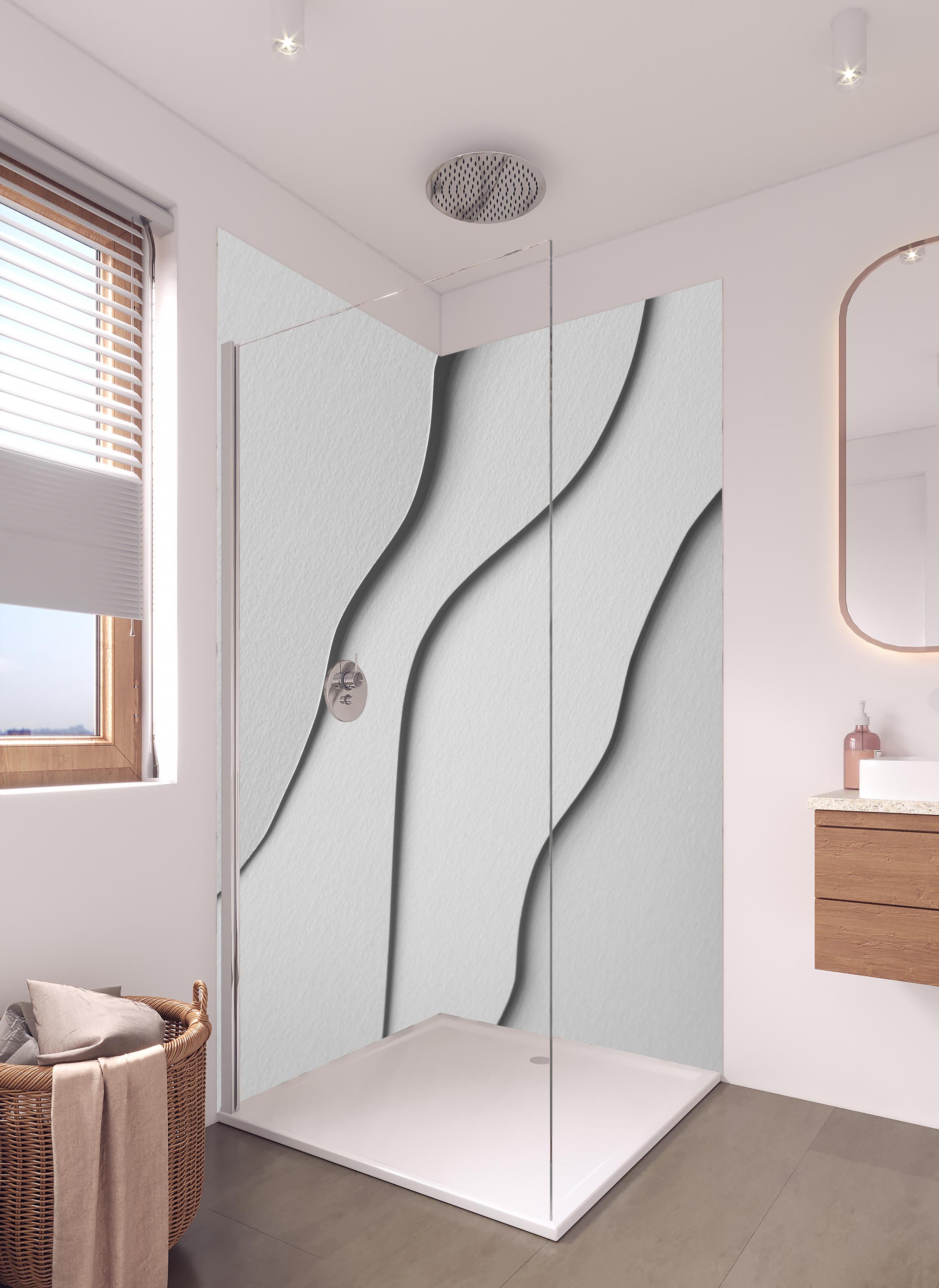 Duschrückwand - Abstrakte monochrome Papierwellen in Pastell in hellem Badezimmer mit Regenduschkopf - zweiteilige Eck-Duschrückwand