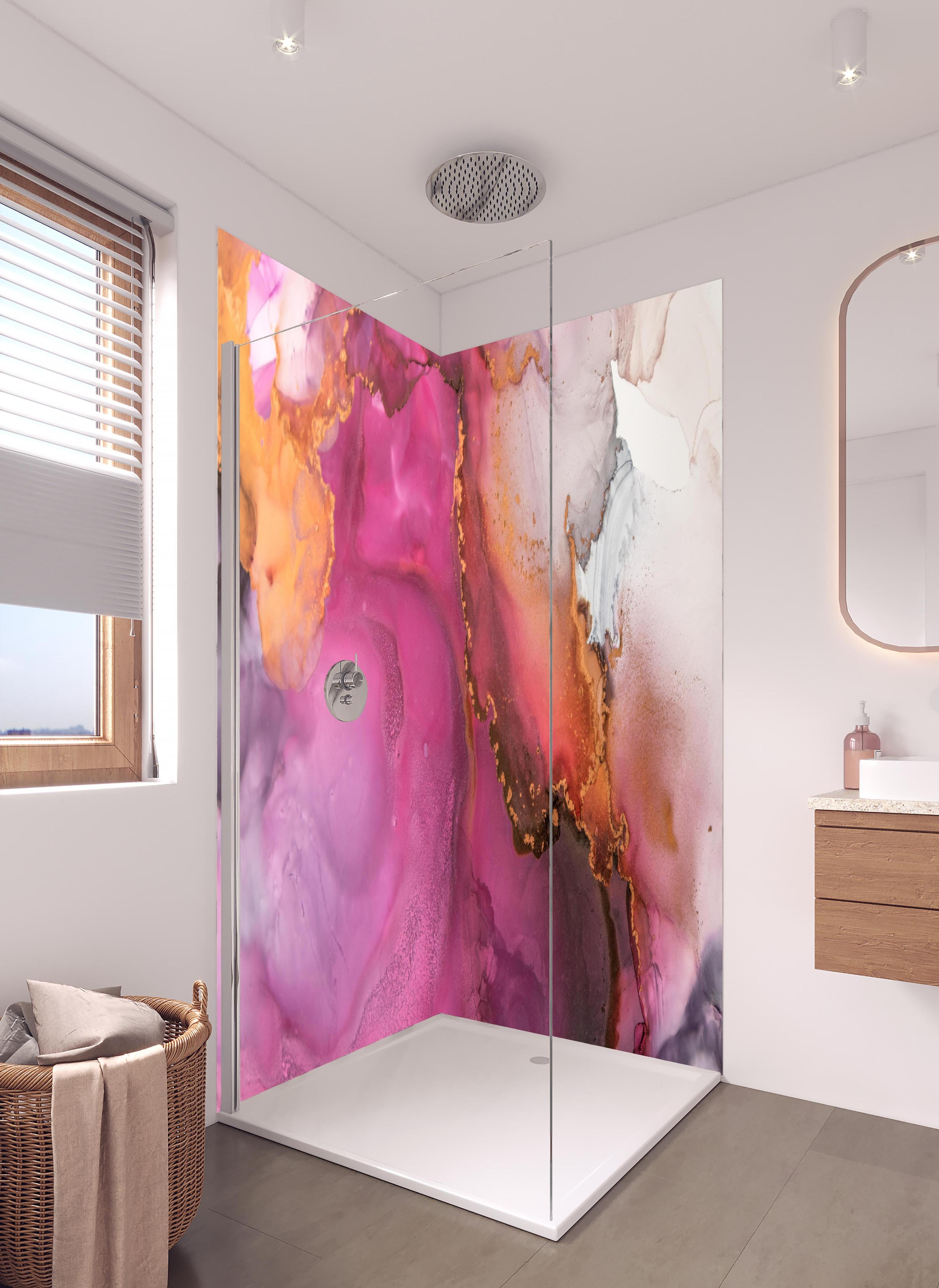 Duschrückwand - Abstrakte pinke Tinte mit Goldelementen in hellem Badezimmer mit Regenduschkopf - zweiteilige Eck-Duschrückwand