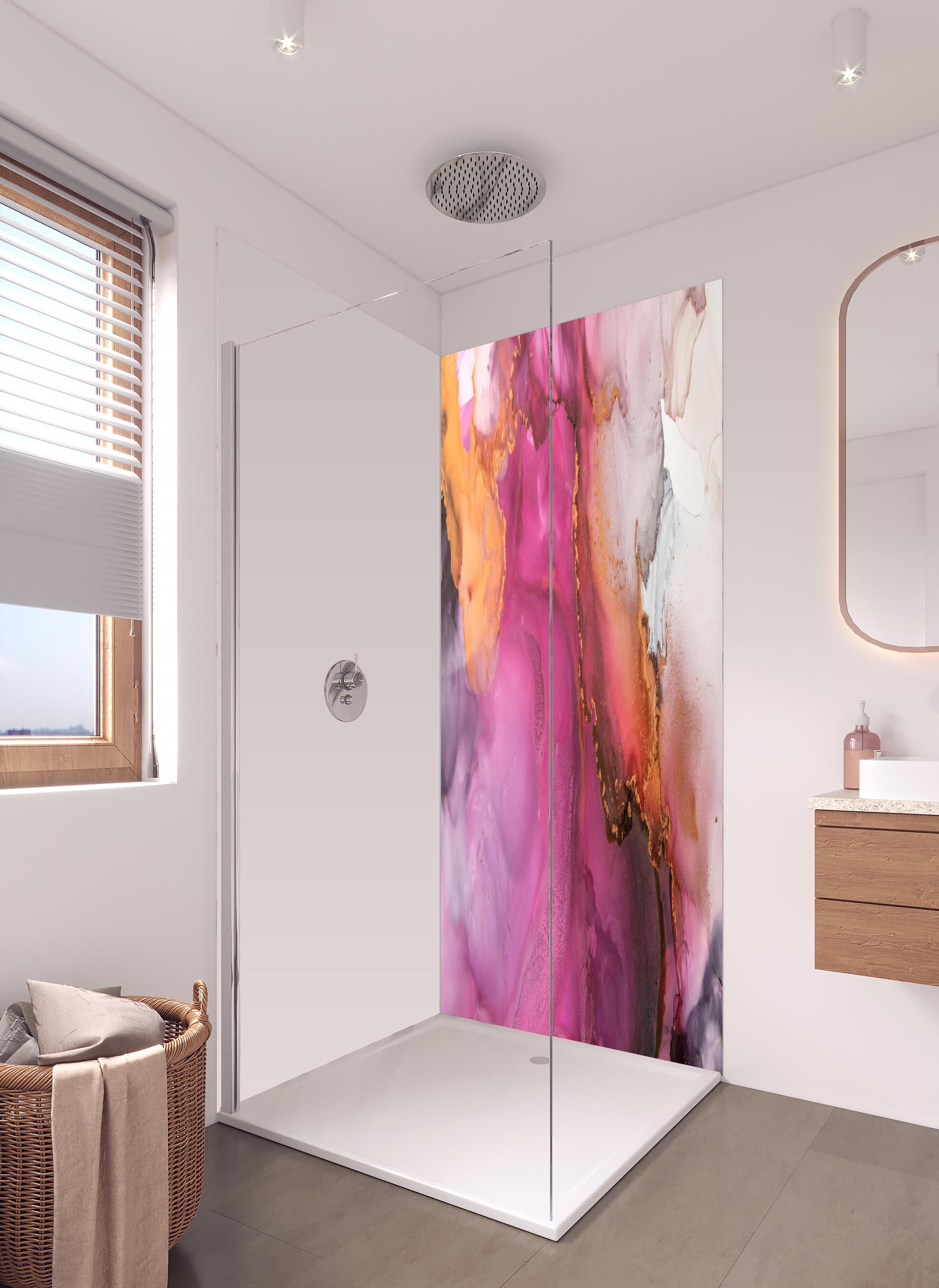 Duschrückwand - Abstrakte pinke Tinte mit Goldelementen in hellem Badezimmer mit Regenduschkopf - zweiteilige Eck-Duschrückwand