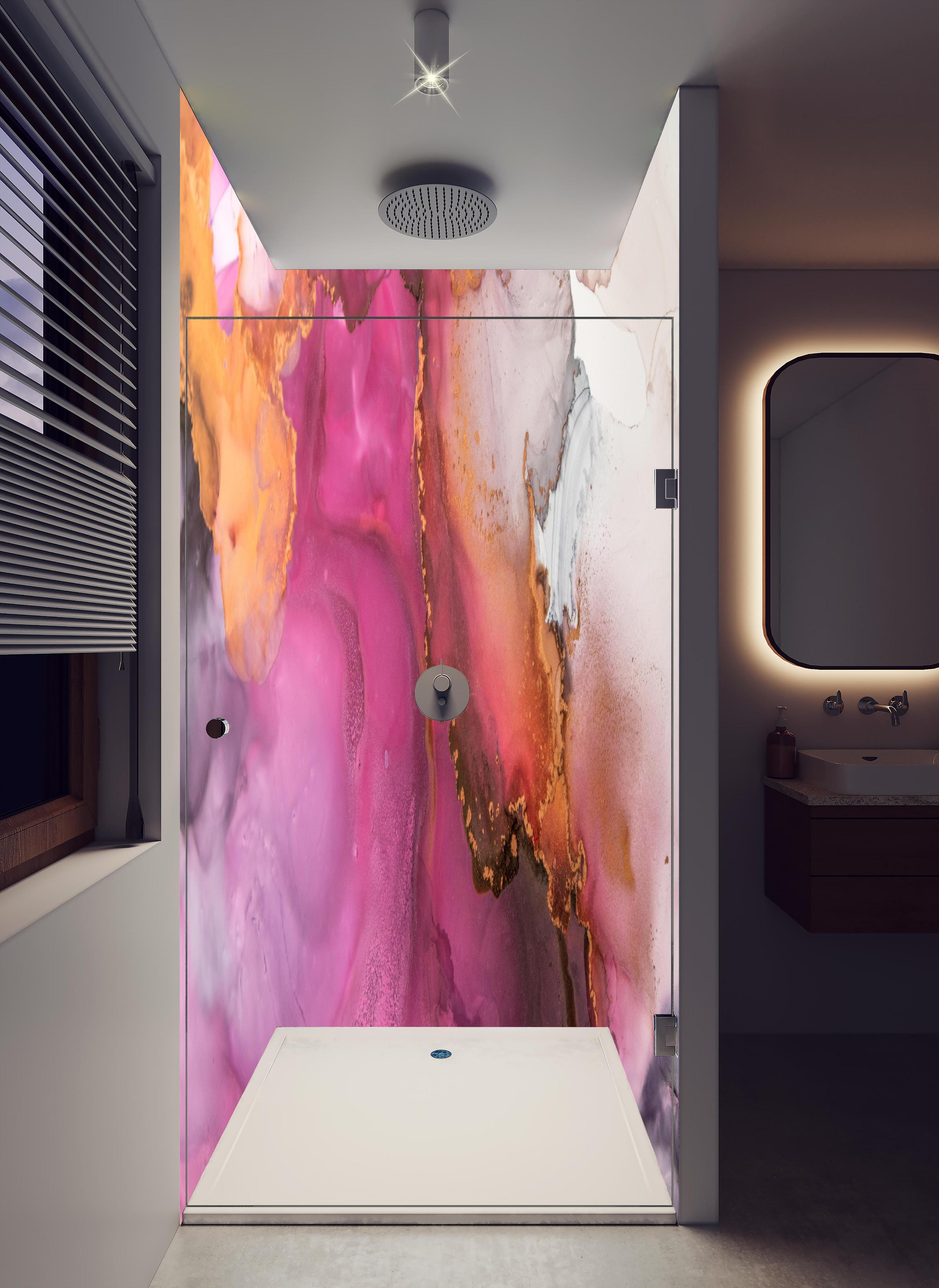 Duschrückwand - Abstrakte pinke Tinte mit Goldelementen in hellem Badezimmer mit Regenduschkopf - zweiteilige Eck-Duschrückwand