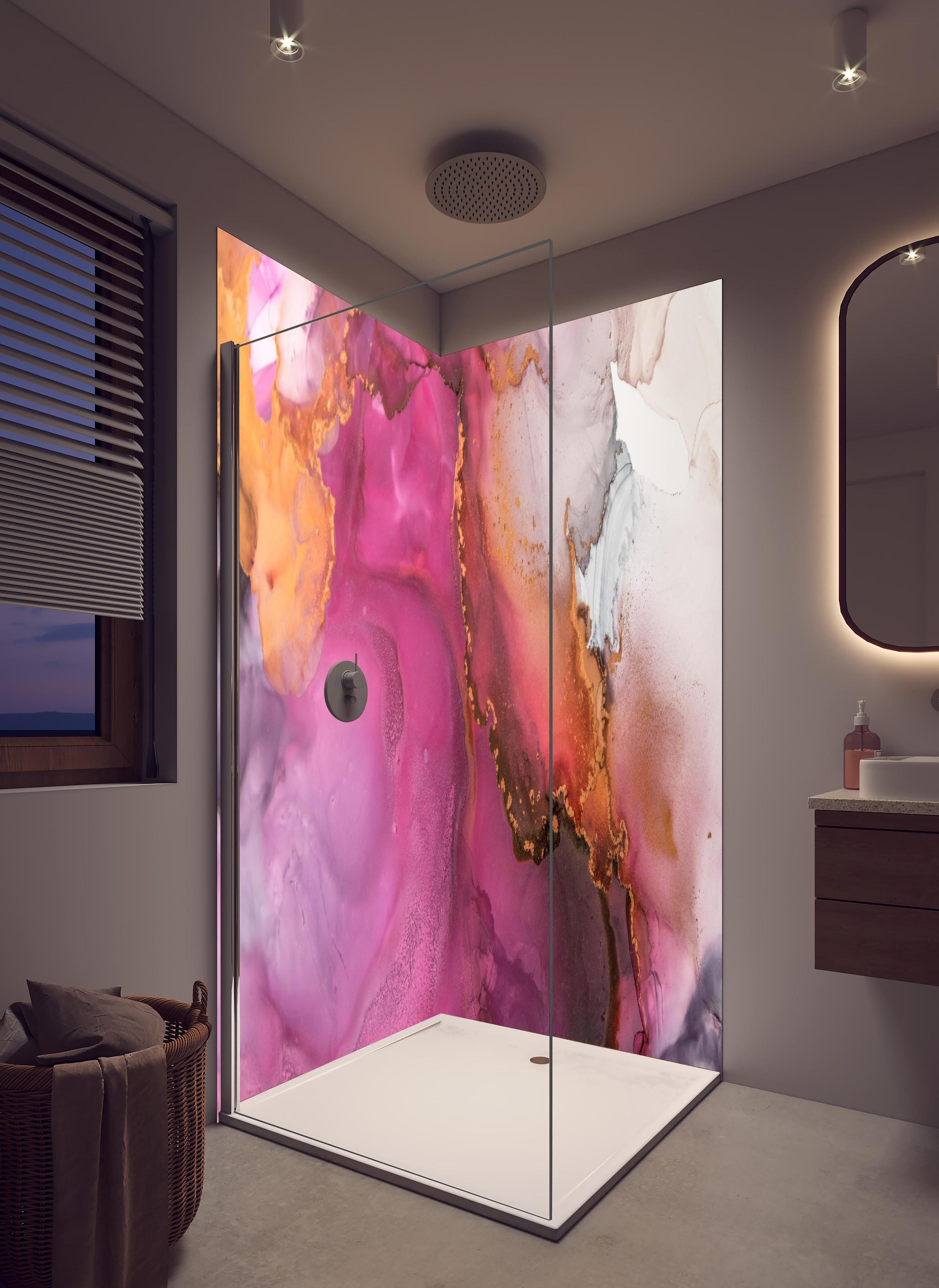 Duschrückwand - Abstrakte pinke Tinte mit Goldelementen in hellem Badezimmer mit Regenduschkopf - zweiteilige Eck-Duschrückwand