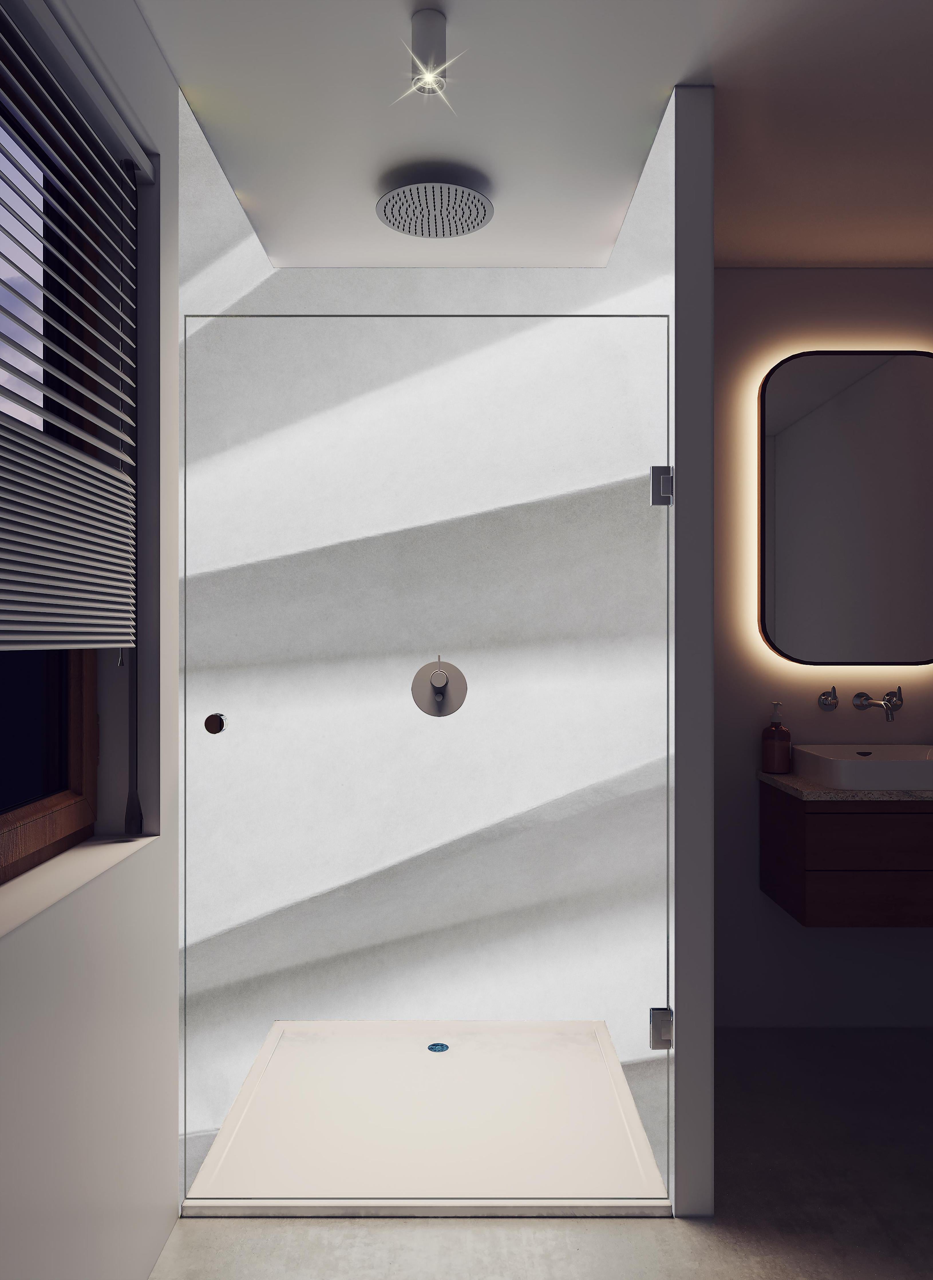 Duschrückwand - Abstrakte weiβe Papierkunst mit Grautönen in hellem Badezimmer mit Regenduschkopf - zweiteilige Eck-Duschrückwand