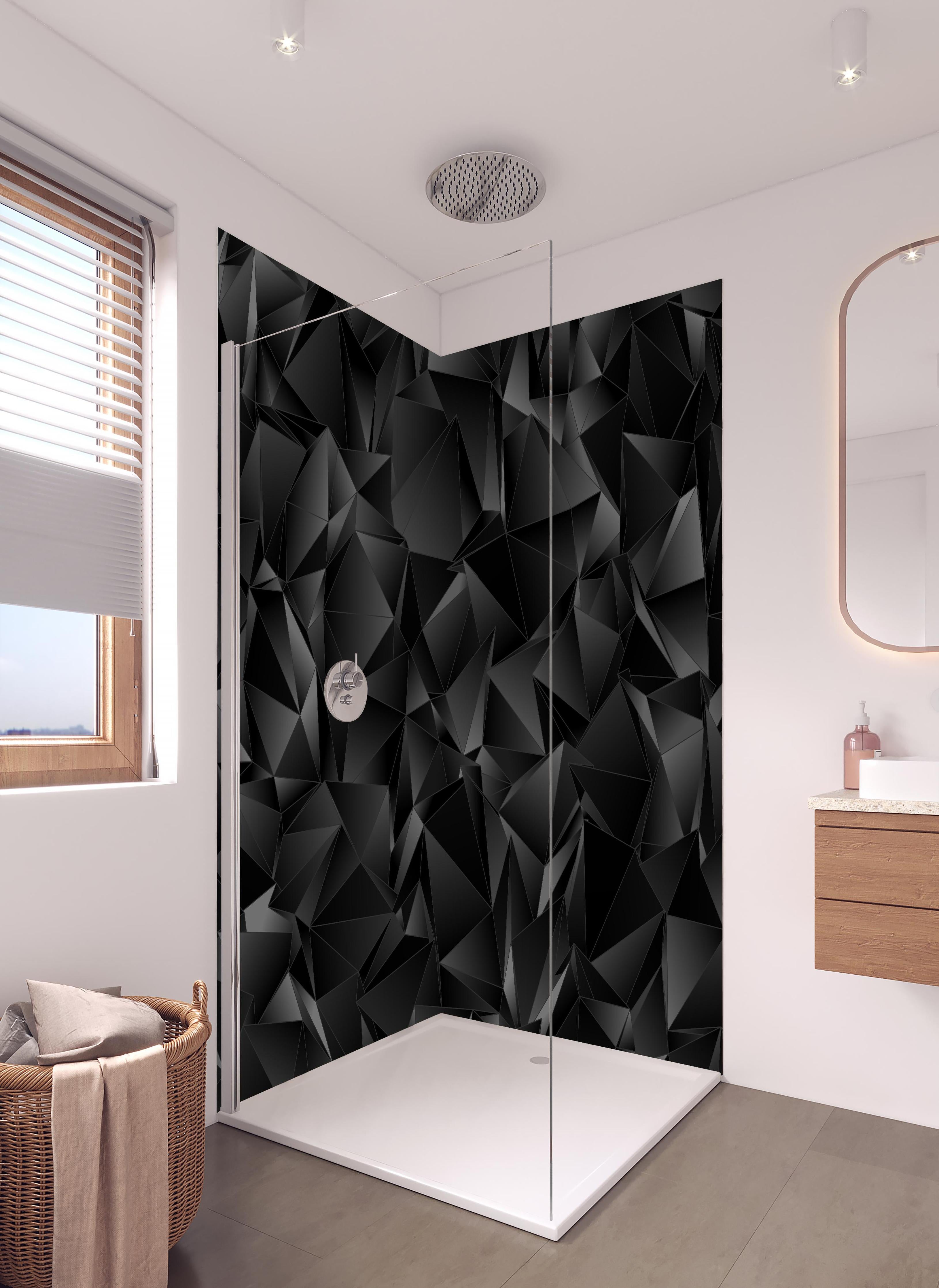 Duschrückwand - Abstrakter Hintergrund Polygonale Textur in hellem Badezimmer mit Regenduschkopf - zweiteilige Eck-Duschrückwand