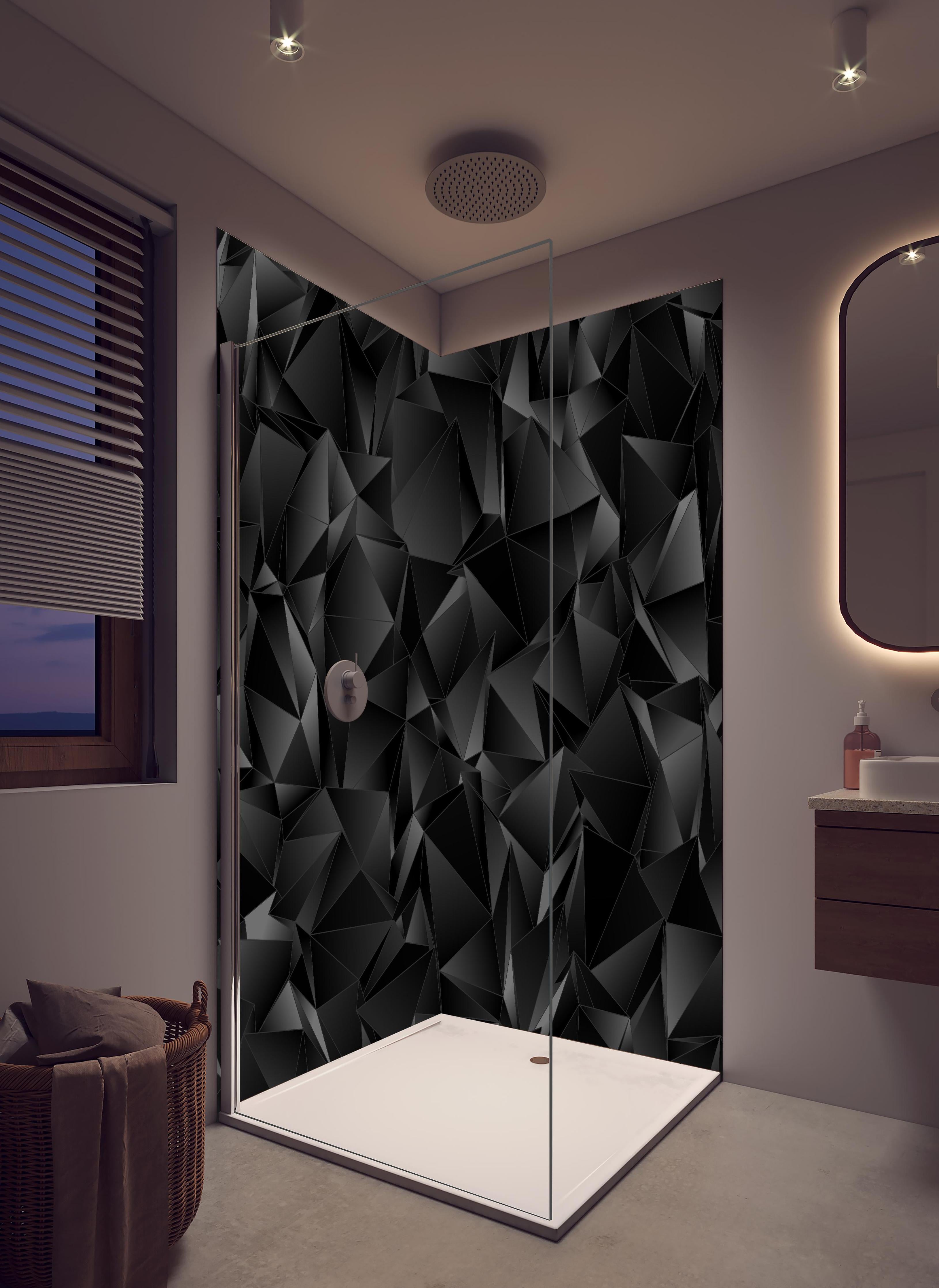 Duschrückwand - Abstrakter Hintergrund Polygonale Textur in hellem Badezimmer mit Regenduschkopf - zweiteilige Eck-Duschrückwand