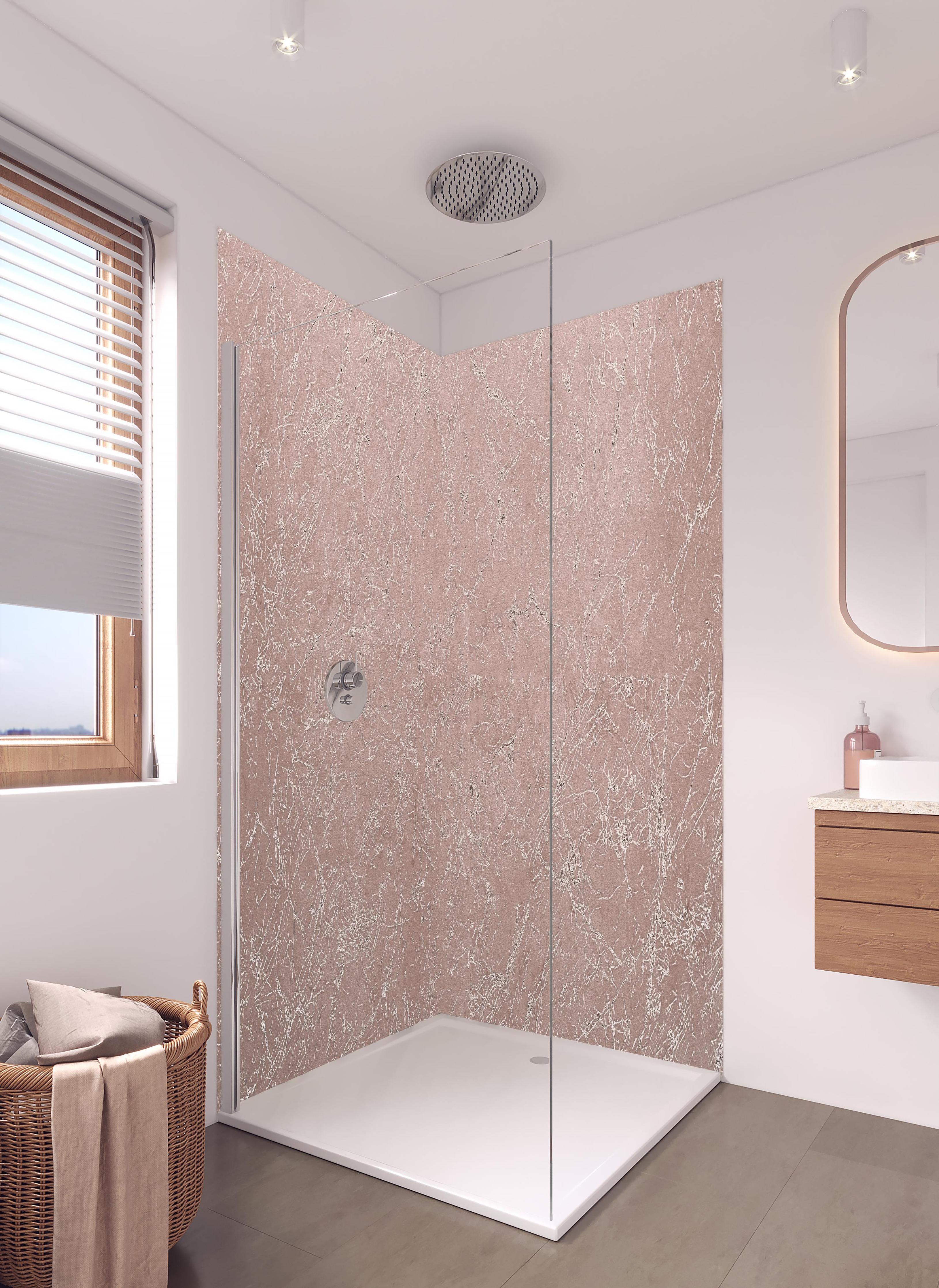 Duschrückwand - Abstrakter Kupfermarmor in hellem Badezimmer mit Regenduschkopf - zweiteilige Eck-Duschrückwand