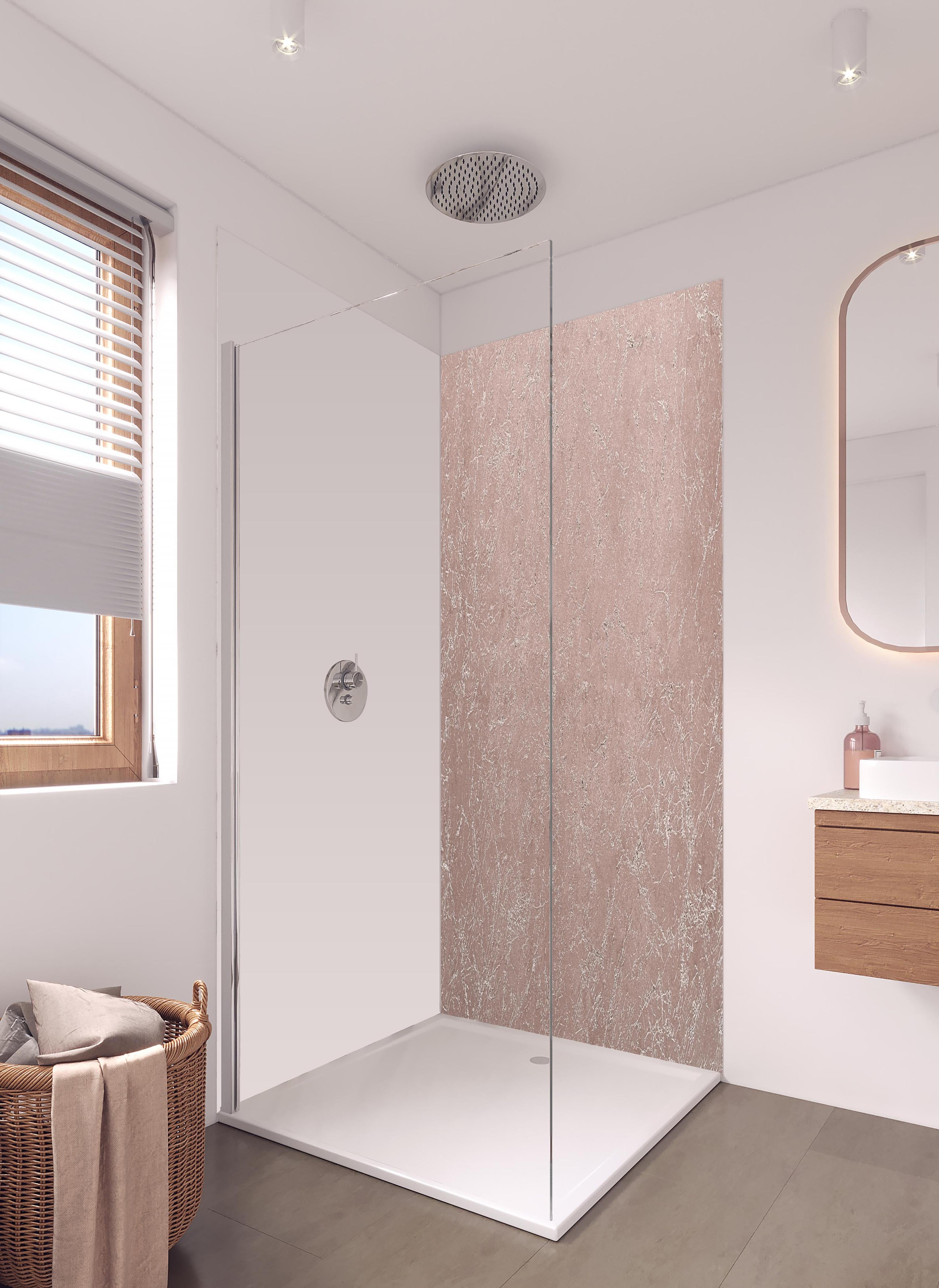 Duschrückwand - Abstrakter Kupfermarmor in hellem Badezimmer mit Regenduschkopf - zweiteilige Eck-Duschrückwand