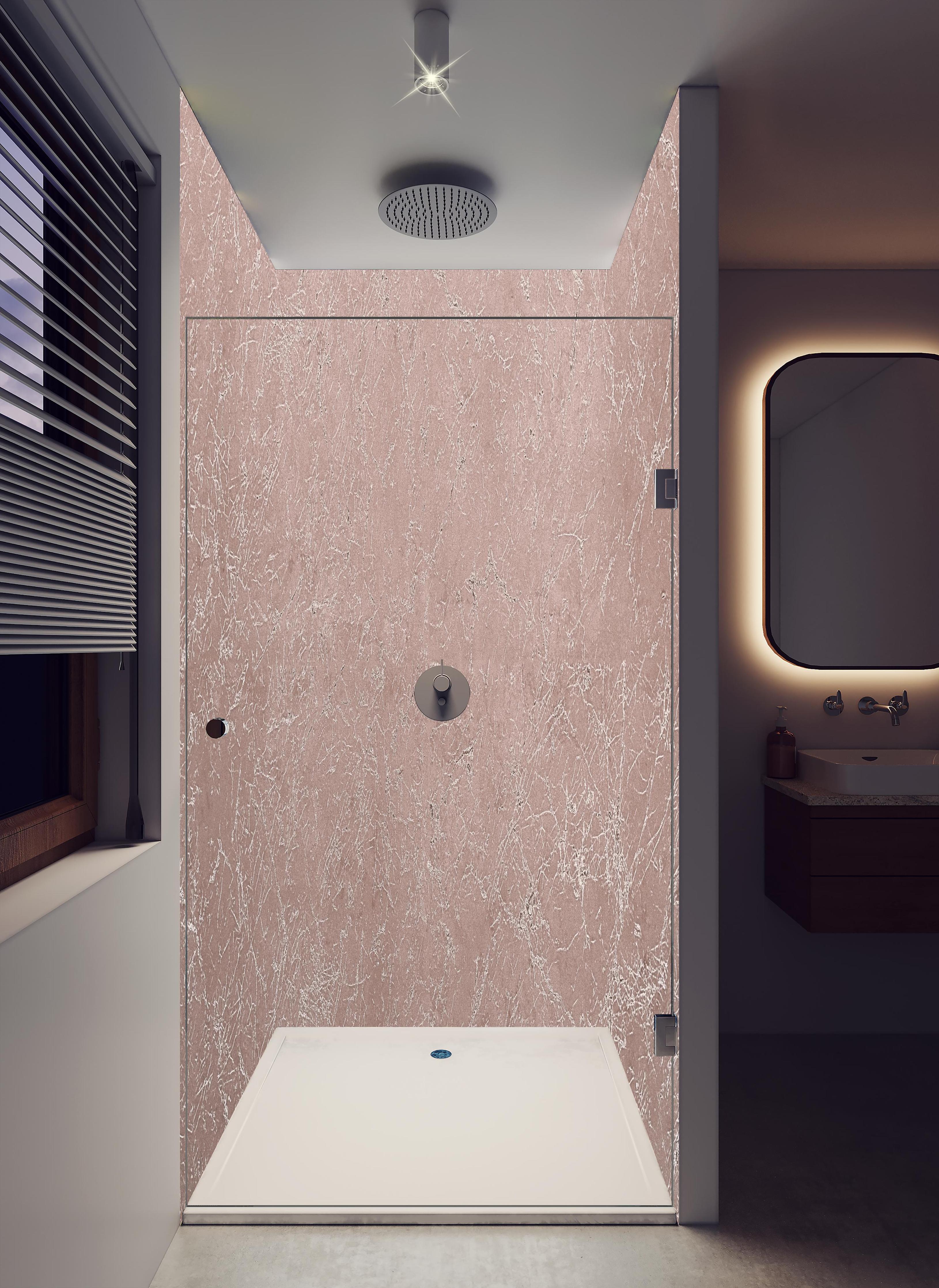 Duschrückwand - Abstrakter Kupfermarmor in hellem Badezimmer mit Regenduschkopf - zweiteilige Eck-Duschrückwand