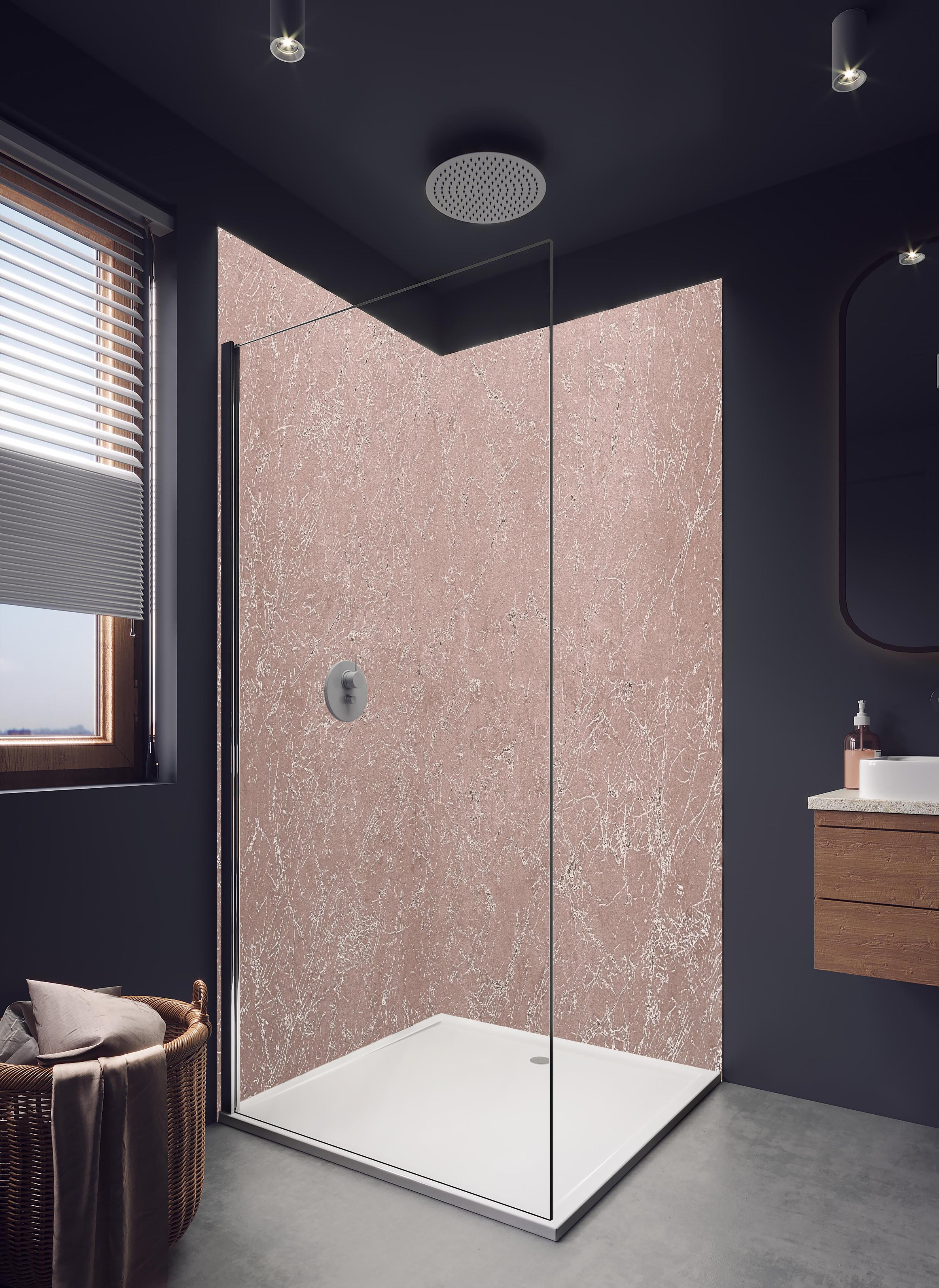 Duschrückwand - Abstrakter Kupfermarmor in hellem Badezimmer mit Regenduschkopf - zweiteilige Eck-Duschrückwand