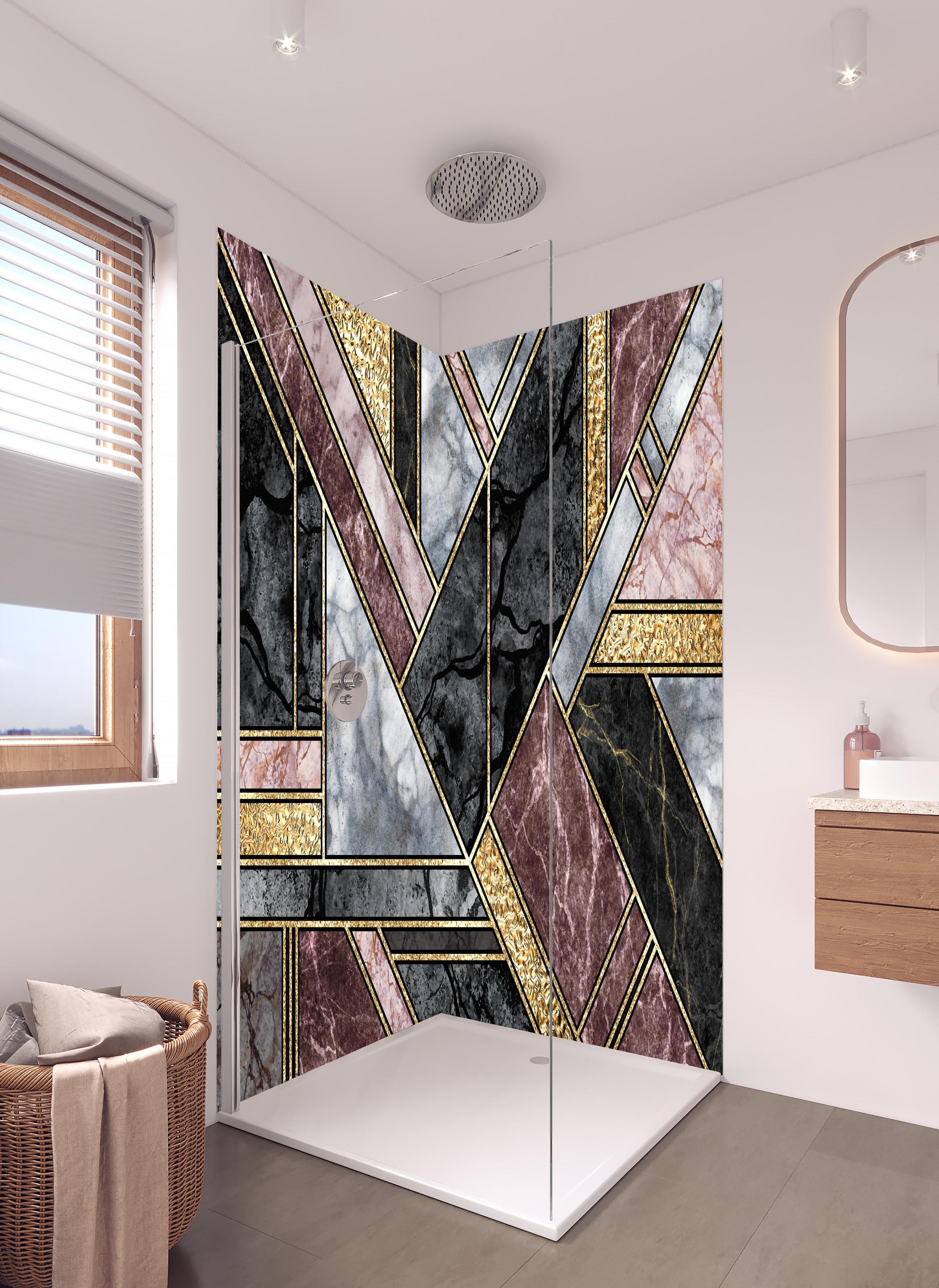 Duschrückwand - Abstrakter Marmor Mosaik Hintergrund in hellem Badezimmer mit Regenduschkopf - zweiteilige Eck-Duschrückwand