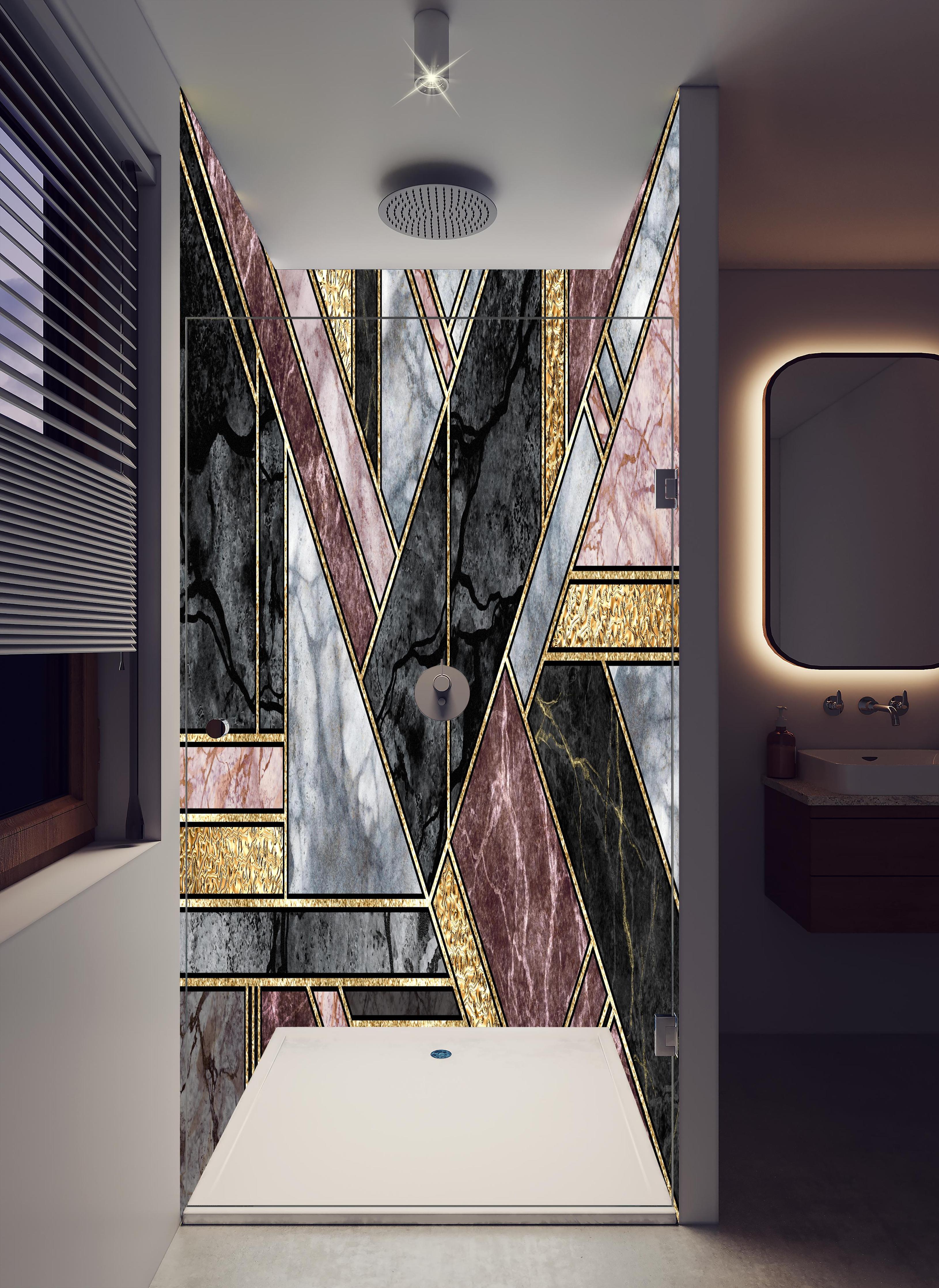 Duschrückwand - Abstrakter Marmor Mosaik Hintergrund in hellem Badezimmer mit Regenduschkopf - zweiteilige Eck-Duschrückwand