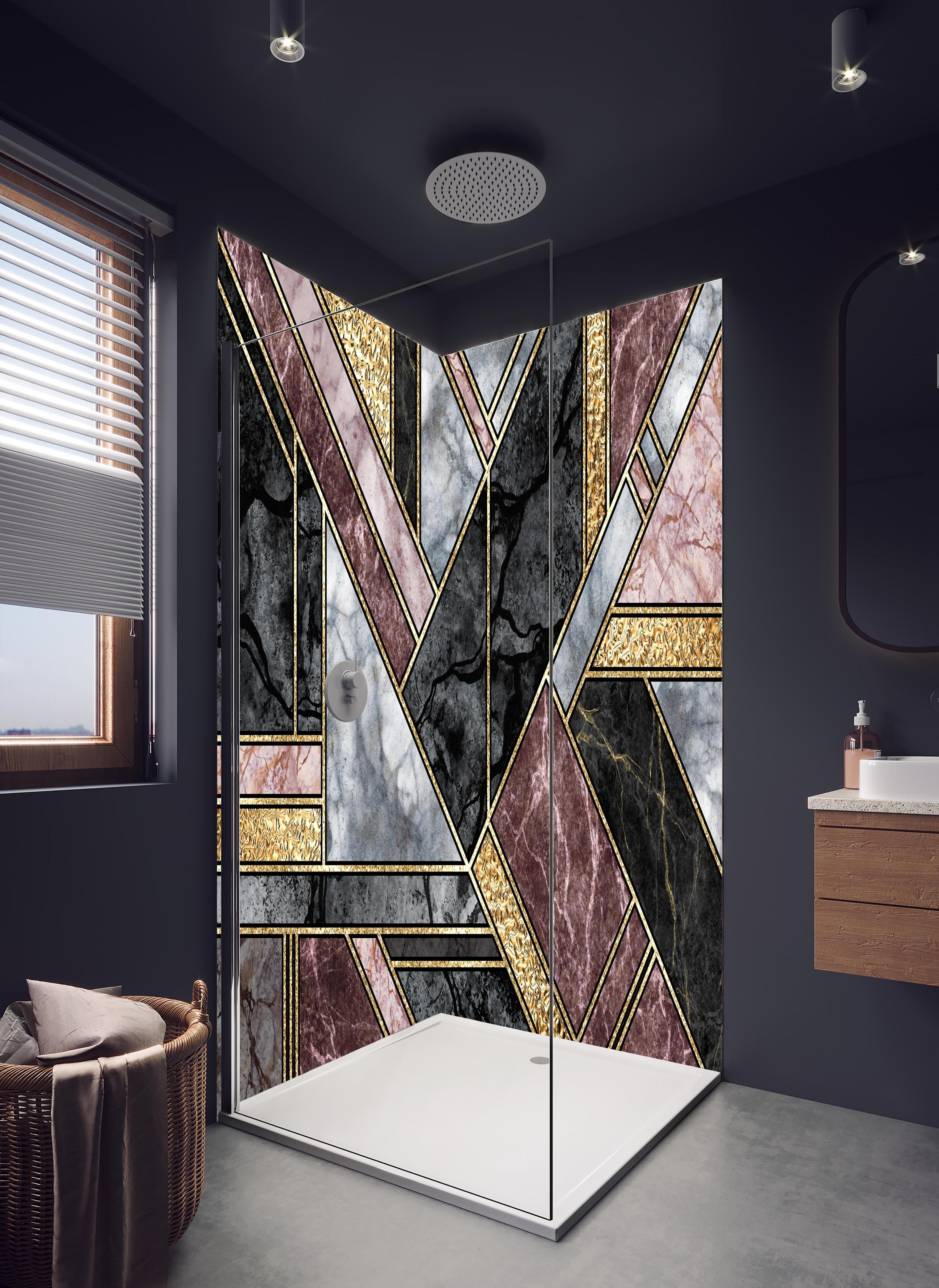 Duschrückwand - Abstrakter Marmor Mosaik Hintergrund in hellem Badezimmer mit Regenduschkopf - zweiteilige Eck-Duschrückwand