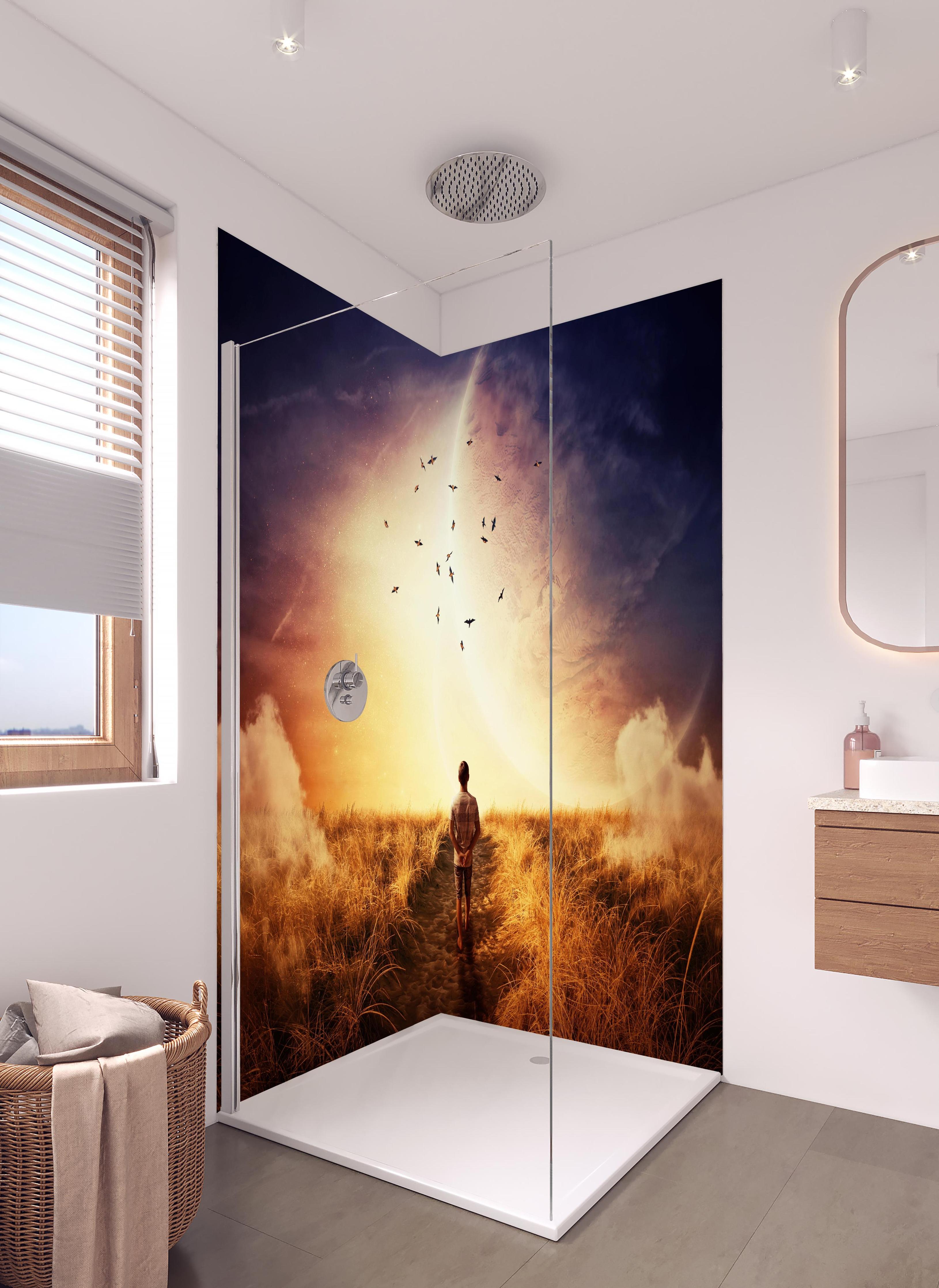 Duschrückwand - Abstrakter kosmischer Ausblick in hellem Badezimmer mit Regenduschkopf - zweiteilige Eck-Duschrückwand