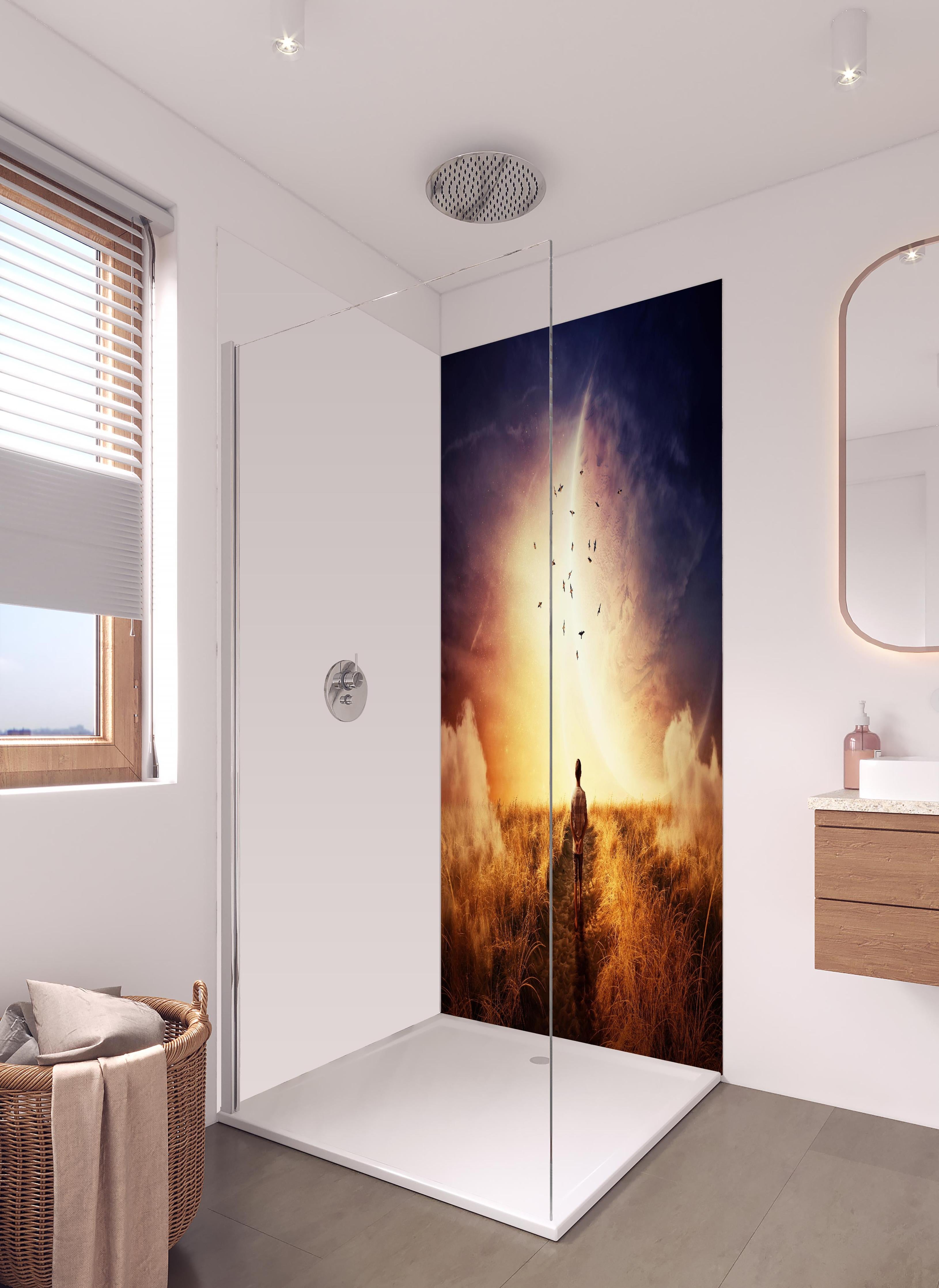 Duschrückwand - Abstrakter kosmischer Ausblick in hellem Badezimmer mit Regenduschkopf - zweiteilige Eck-Duschrückwand