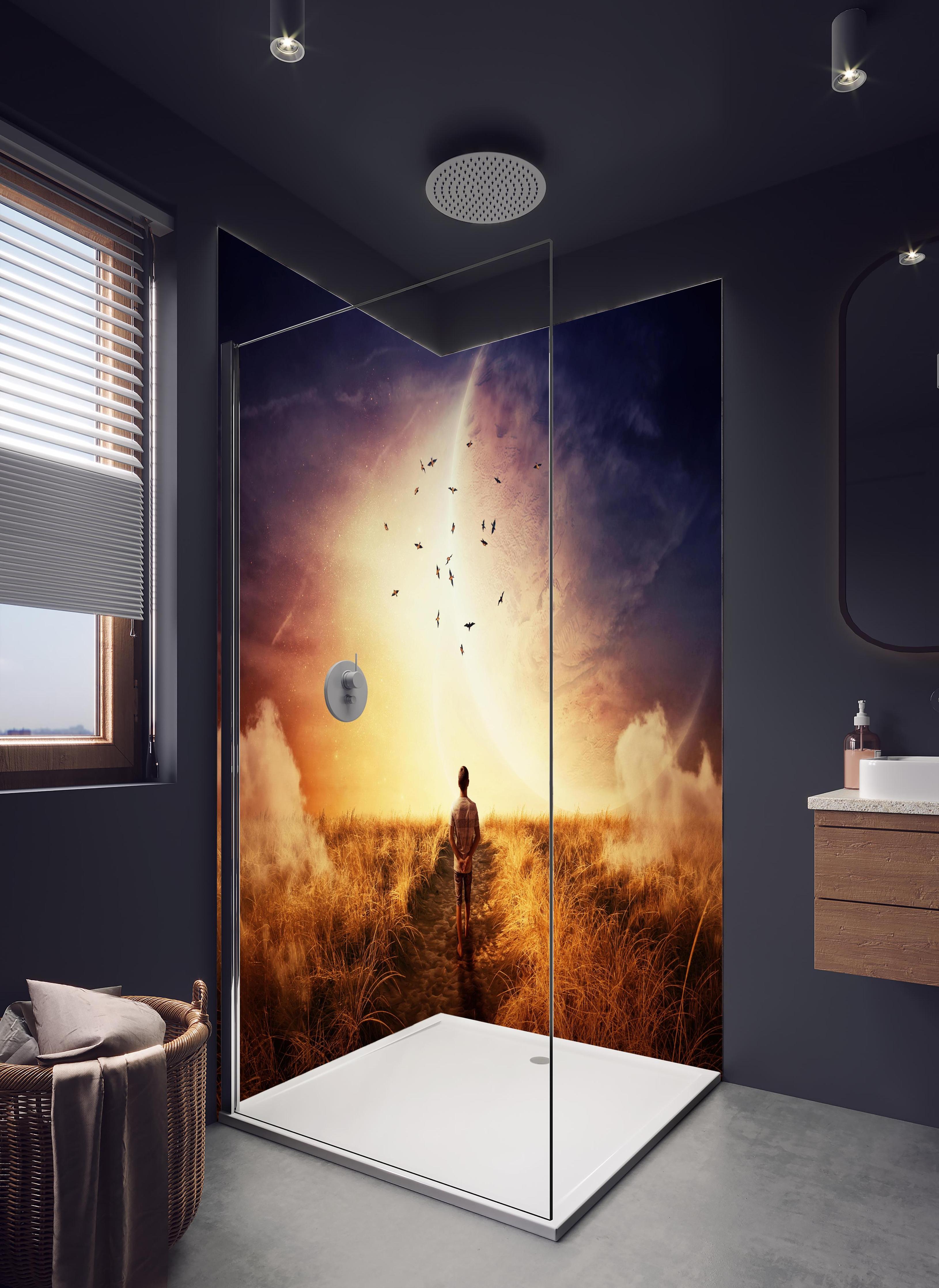 Duschrückwand - Abstrakter kosmischer Ausblick in hellem Badezimmer mit Regenduschkopf - zweiteilige Eck-Duschrückwand