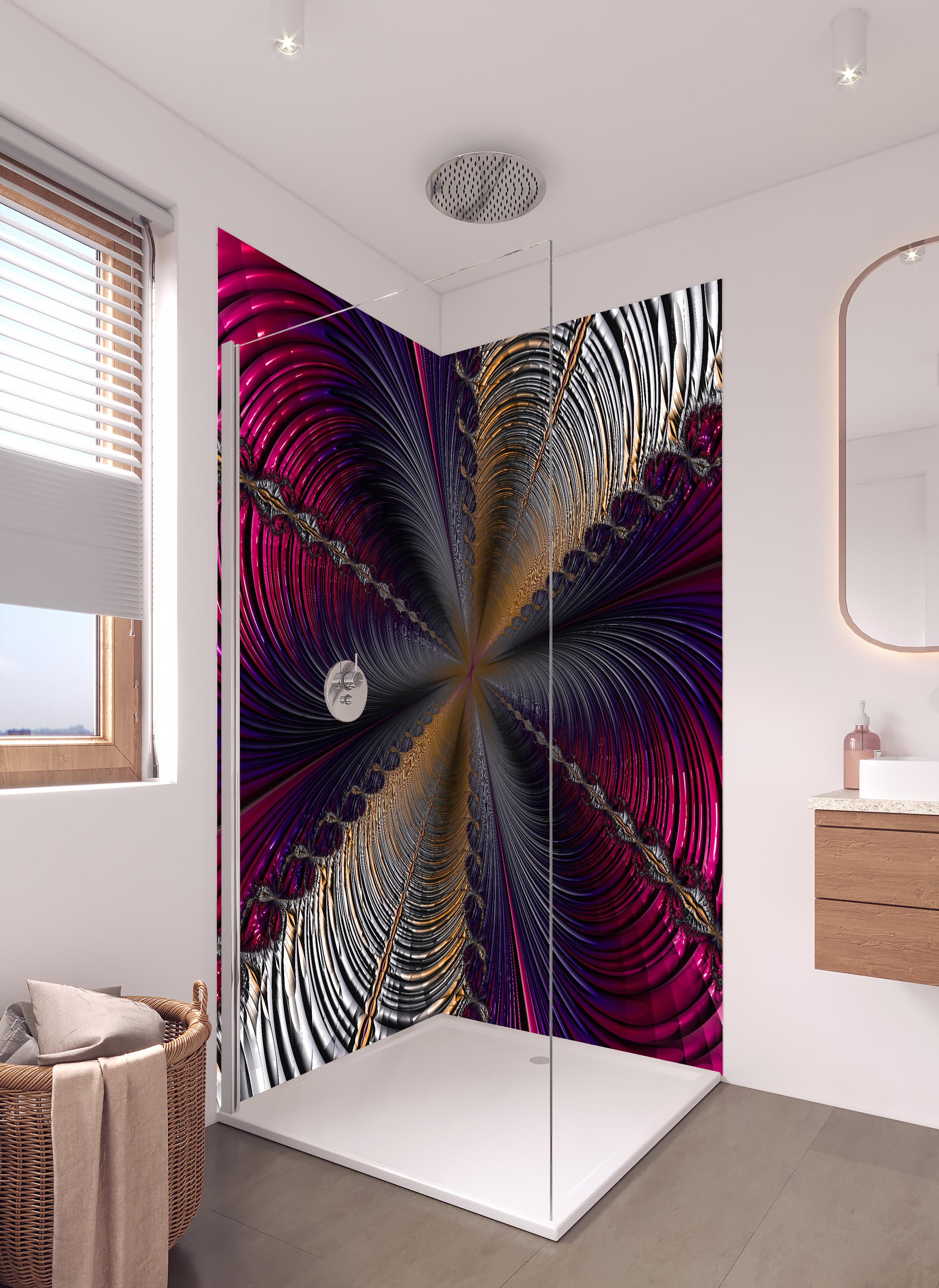 Duschrückwand - Abstrakter lila Tunnelblick in hellem Badezimmer mit Regenduschkopf - zweiteilige Eck-Duschrückwand